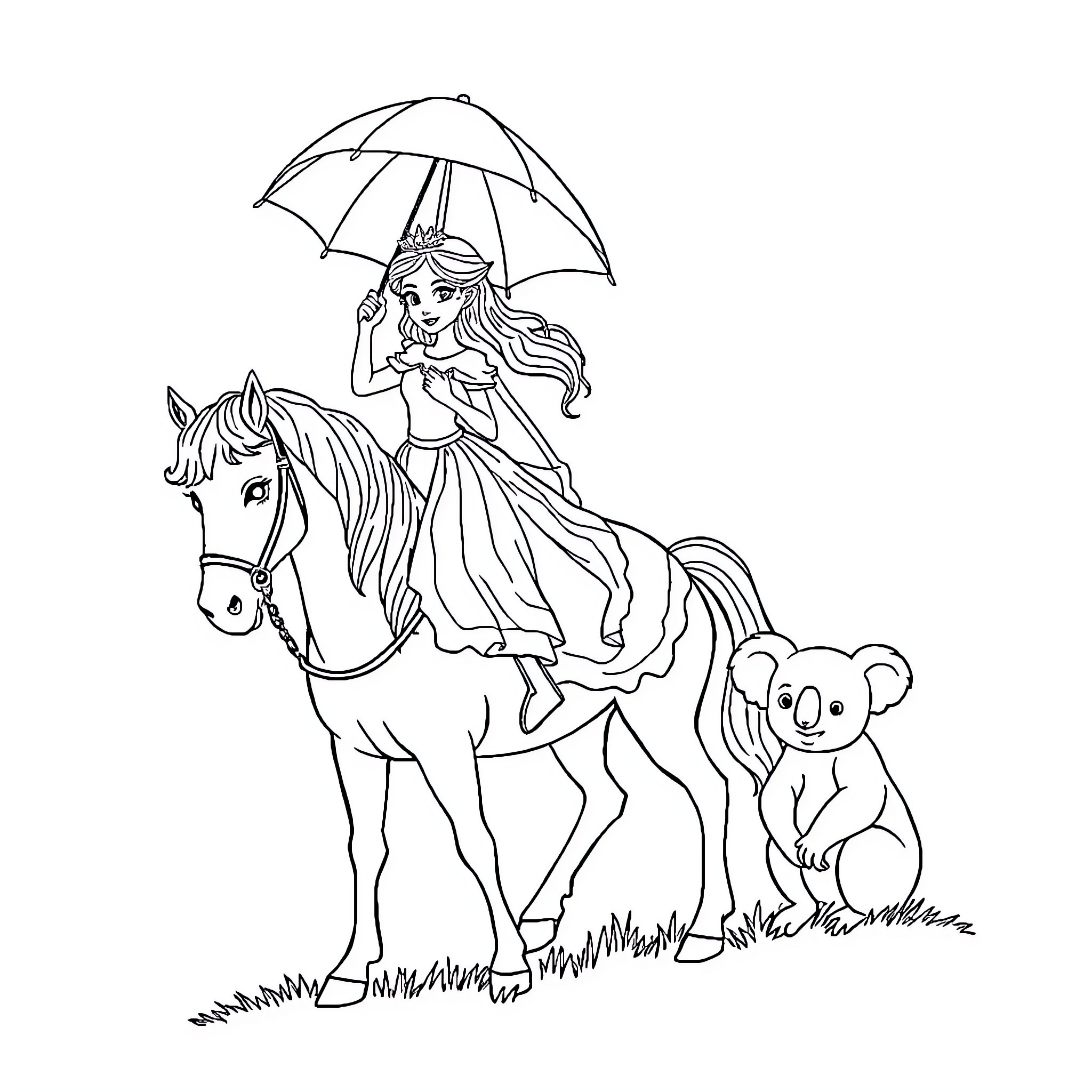 Princess Riding Horse with Umbrella and Koala Coloring Page (free black-and-white line drawing printable PDF for all, from beginners to advanced learners, including children, teens, adults, and seniors)