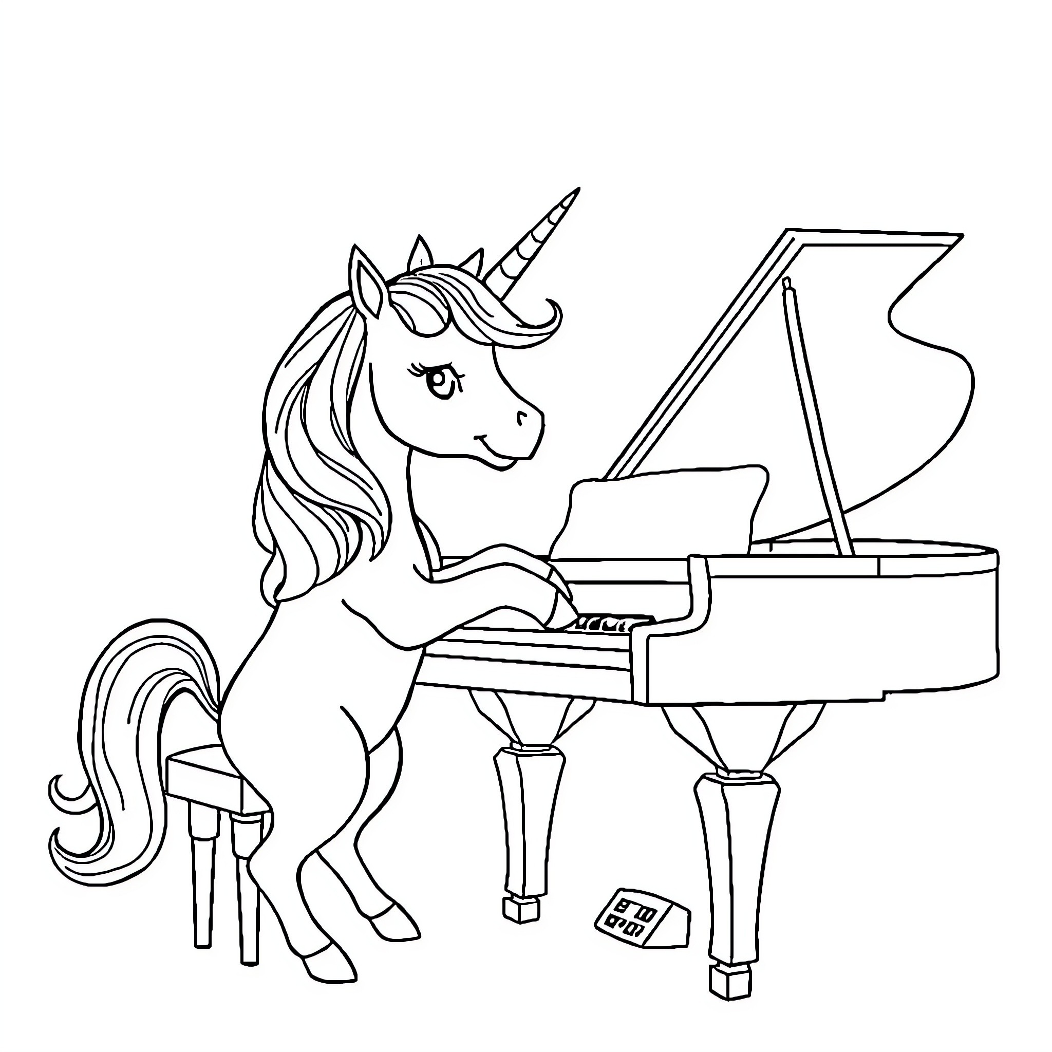 Unicorn playing musical instrument on stage Coloring Page (free black-and-white line drawing printable PDF for all, from beginners to advanced learners, including children, teens, adults, and seniors)