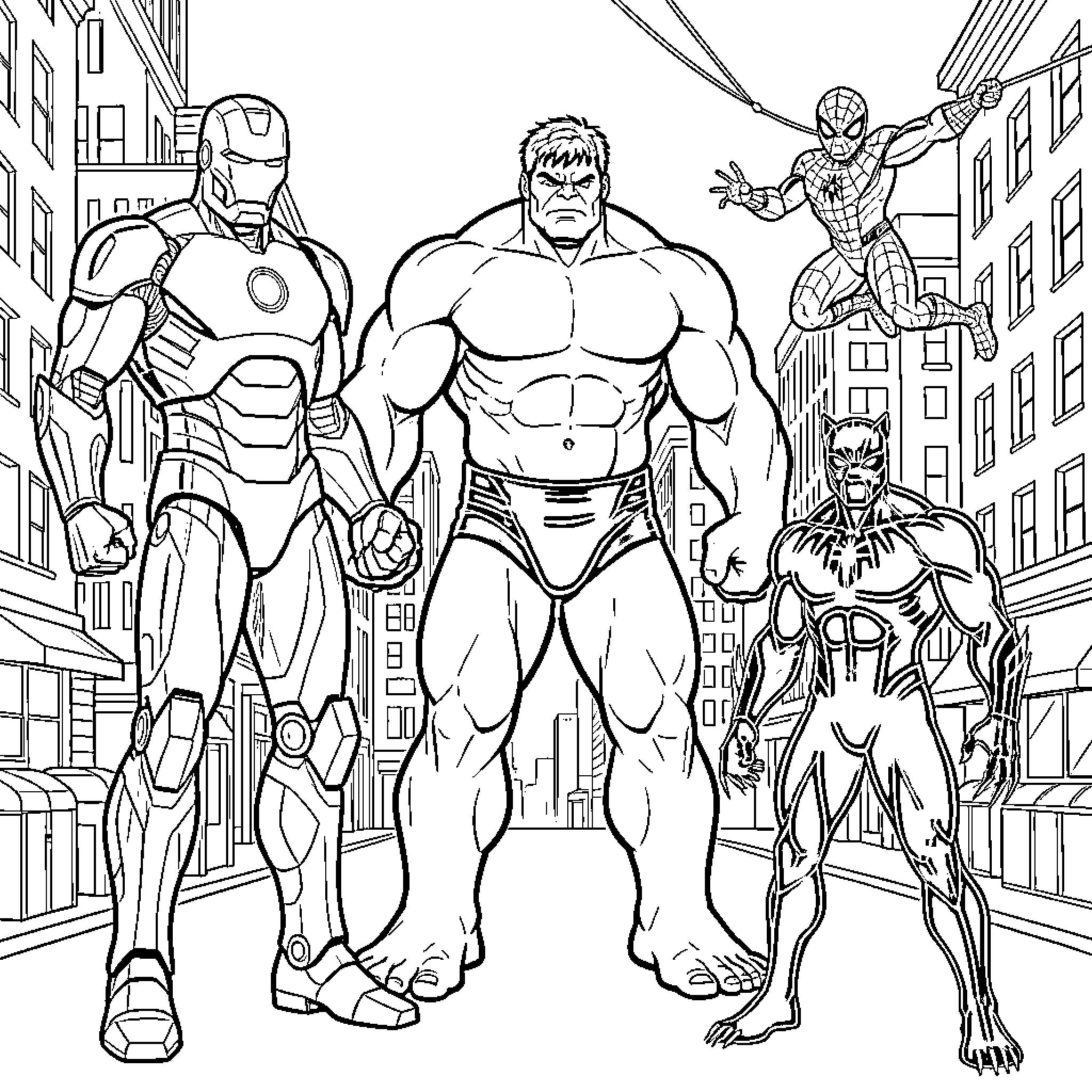 Marvel Character Superheroes Assembled in City Coloring Page (free black-and-white line drawing printable PDF for all, from beginners to advanced learners, including children, teens, adults, and seniors)