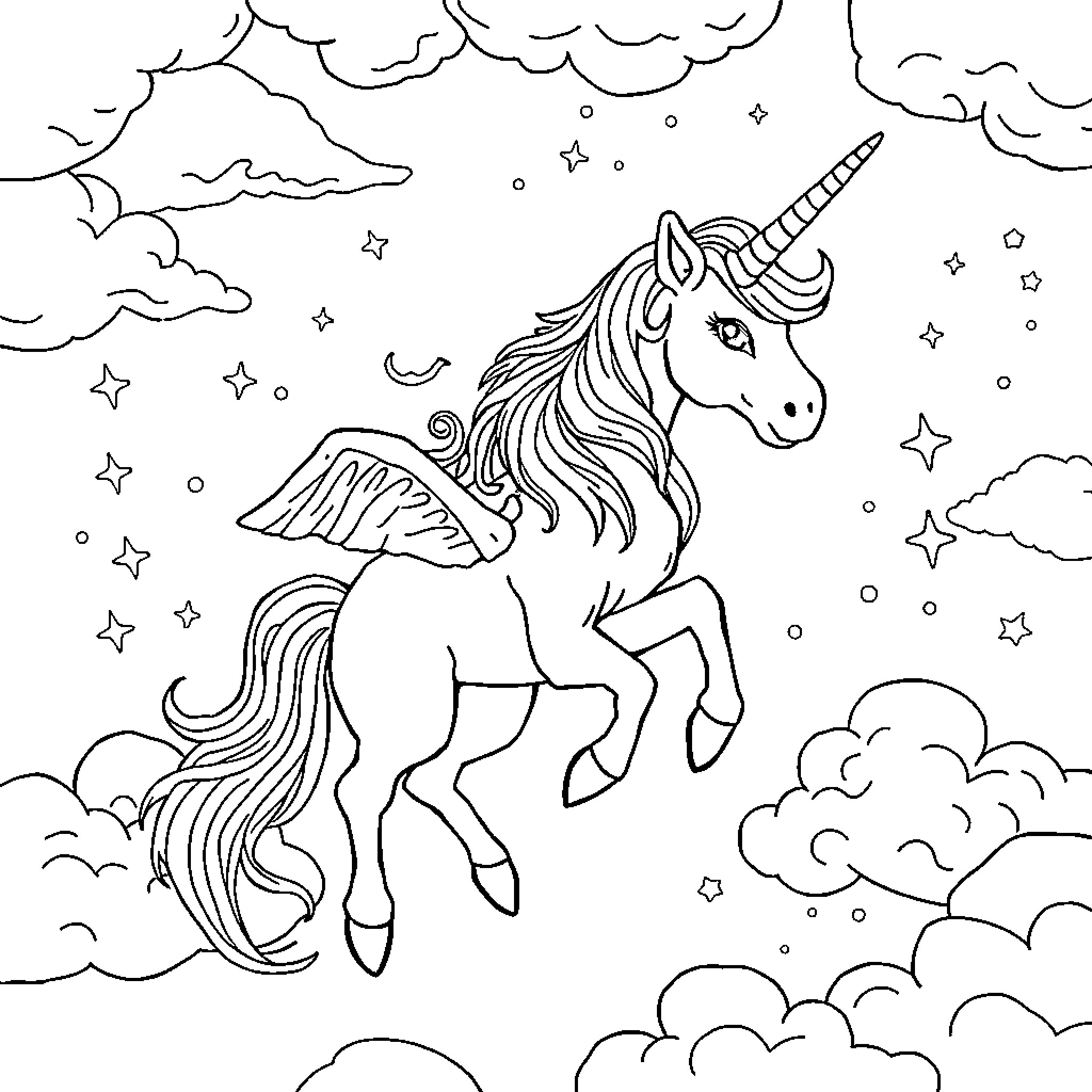 Unicorn flying among clouds and stars Coloring Page (free black-and-white line drawing printable PDF for all, from beginners to advanced learners, including children, teens, adults, and seniors)