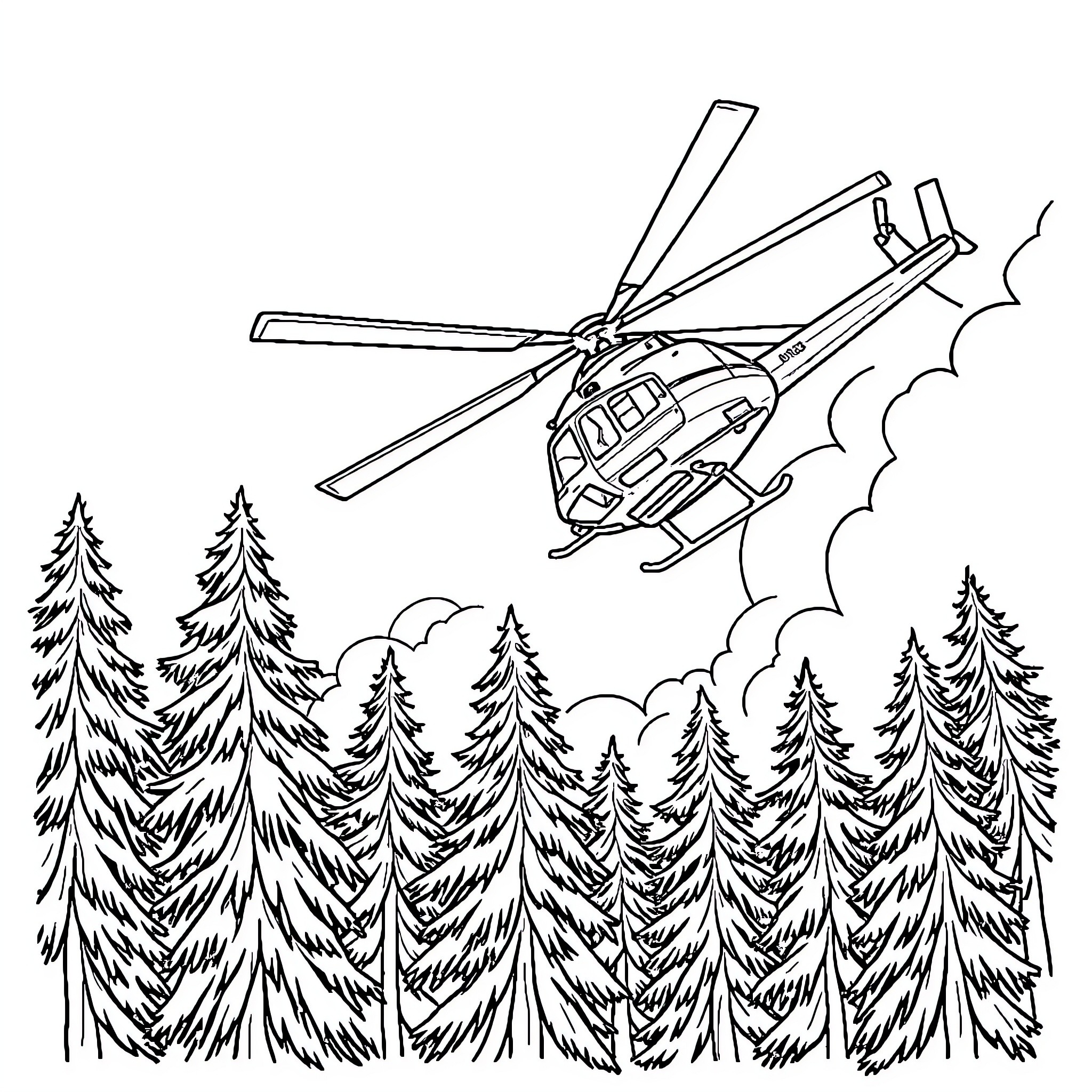 Helicopter flying over a forest landscape Coloring Page (free black-and-white line drawing printable PDF for all, from beginners to advanced learners, including children, teens, adults, and seniors)