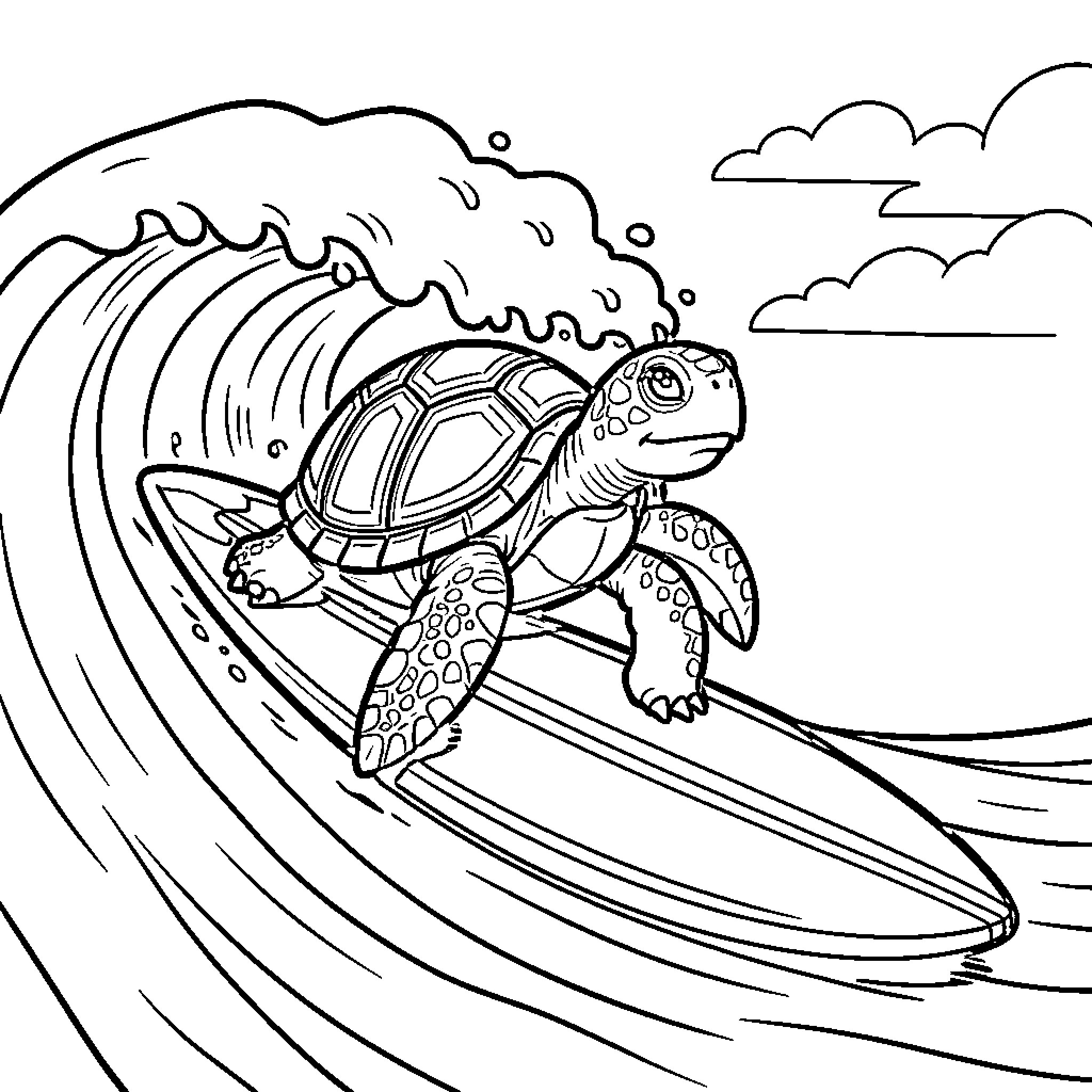 Turtle surfing on a large ocean wave Coloring Page (free black-and-white line drawing printable PDF for all, from beginners to advanced learners, including children, teens, adults, and seniors)