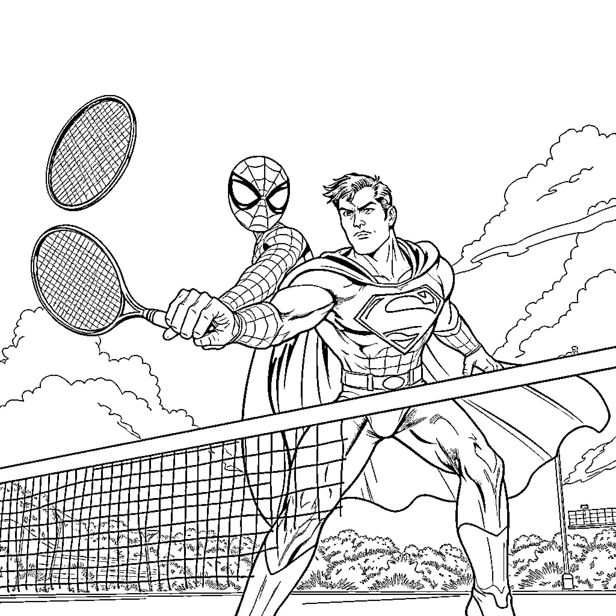 Spiderman and Superman playing tennis in the city Coloring Page (free black-and-white line drawing printable PDF for all, from beginners to advanced learners, including children, teens, adults, and seniors)
