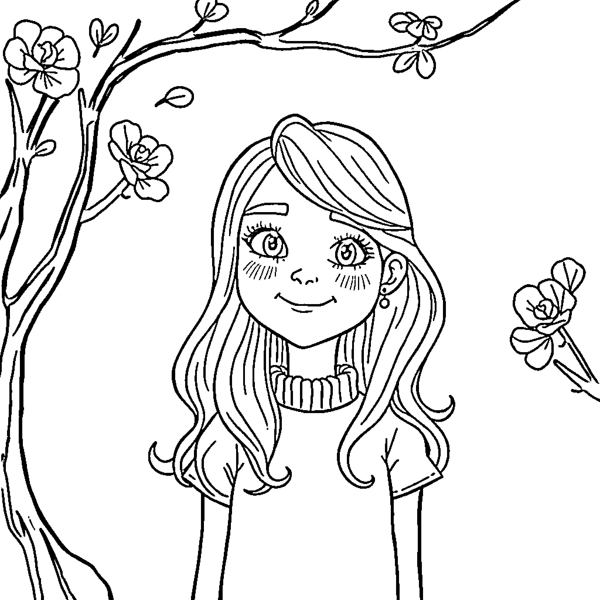 Ruby enjoying flowers in nature Coloring Page (free black-and-white line drawing printable PDF for all, from beginners to advanced learners, including children, teens, adults, and seniors)