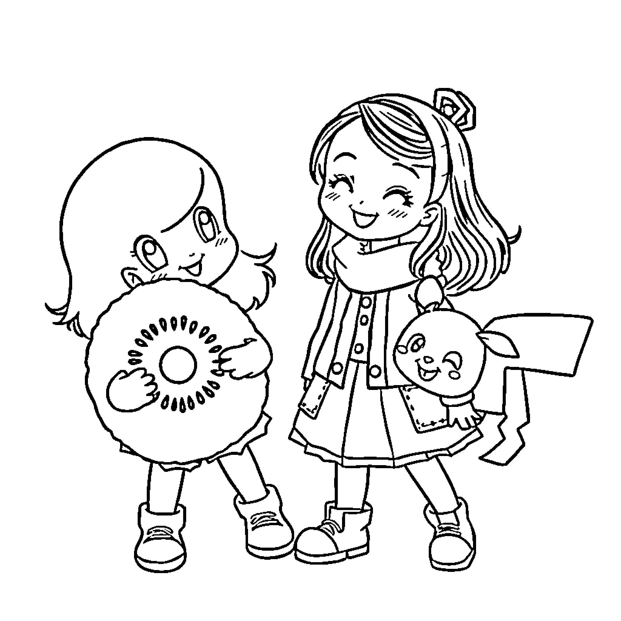 Girl and Friends Playing Happily Together Coloring Page (free black-and-white line drawing printable PDF for all, from beginners to advanced learners, including children, teens, adults, and seniors)