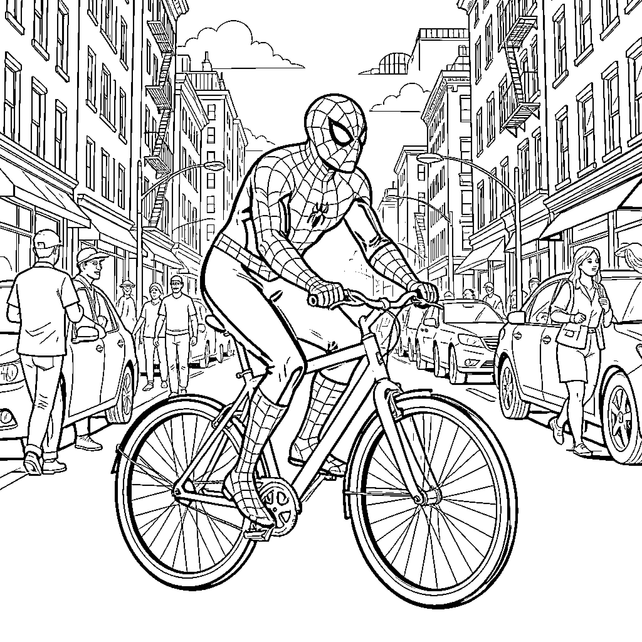 Spiderman riding a bicycle through a busy city street Coloring Page (free black-and-white line drawing printable PDF for all, from beginners to advanced learners, including children, teens, adults, and seniors)