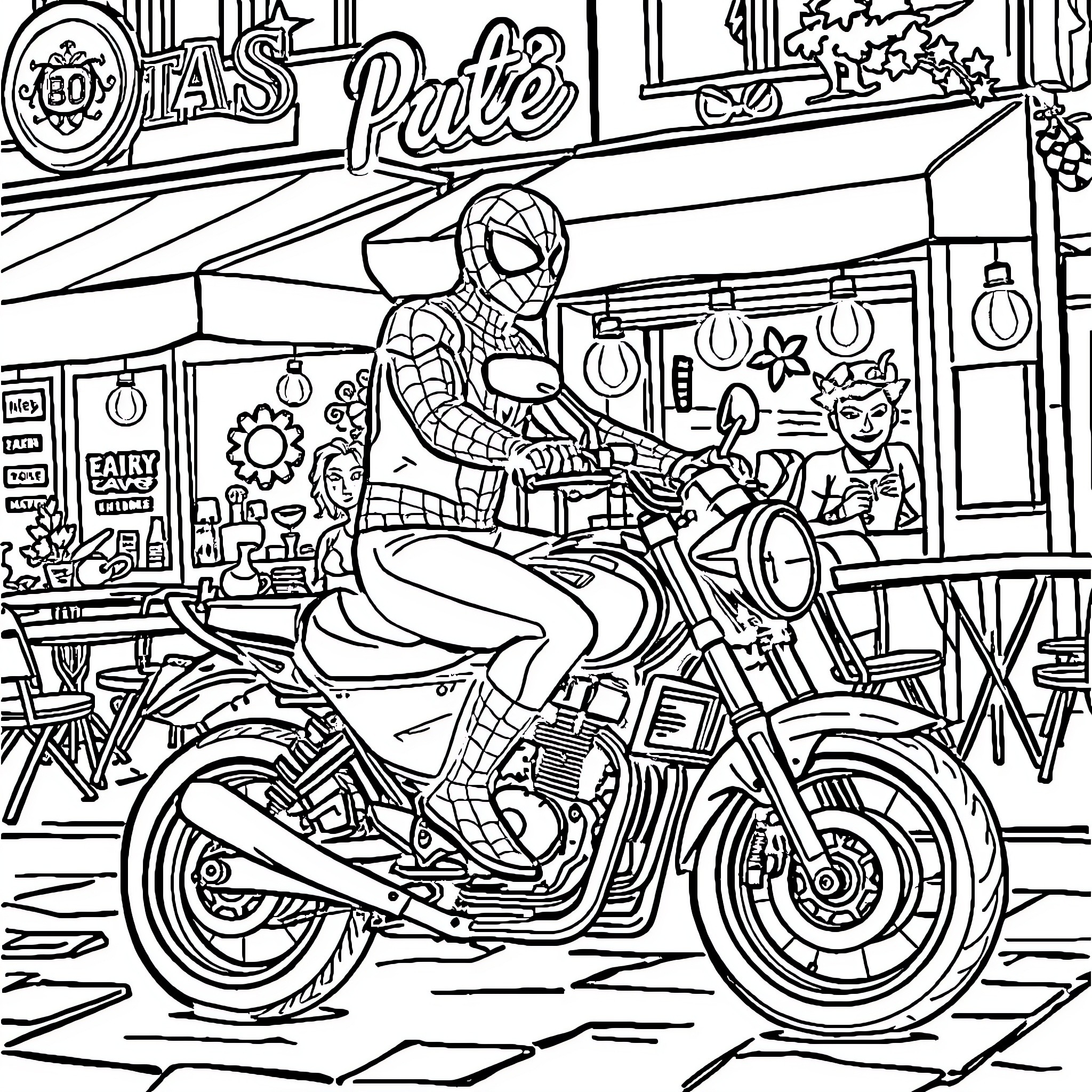 Spiderman riding a motorcycle in a city street Coloring Page (free black-and-white line drawing printable PDF for all, from beginners to advanced learners, including children, teens, adults, and seniors)
