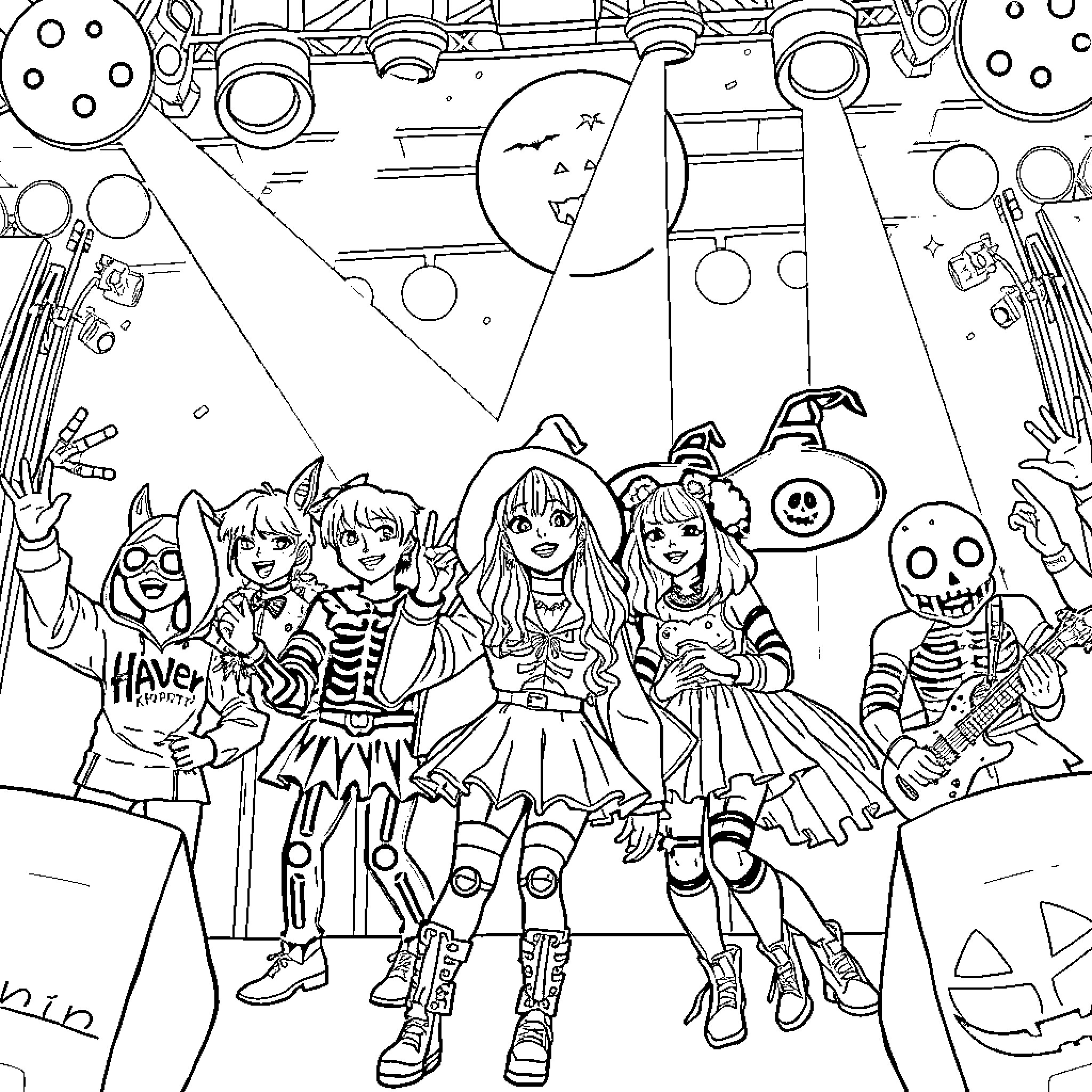 K Pop Girls Celebrating Halloween in Space Coloring Page (free black-and-white line drawing printable PDF for all, from beginners to advanced learners, including children, teens, adults, and seniors)