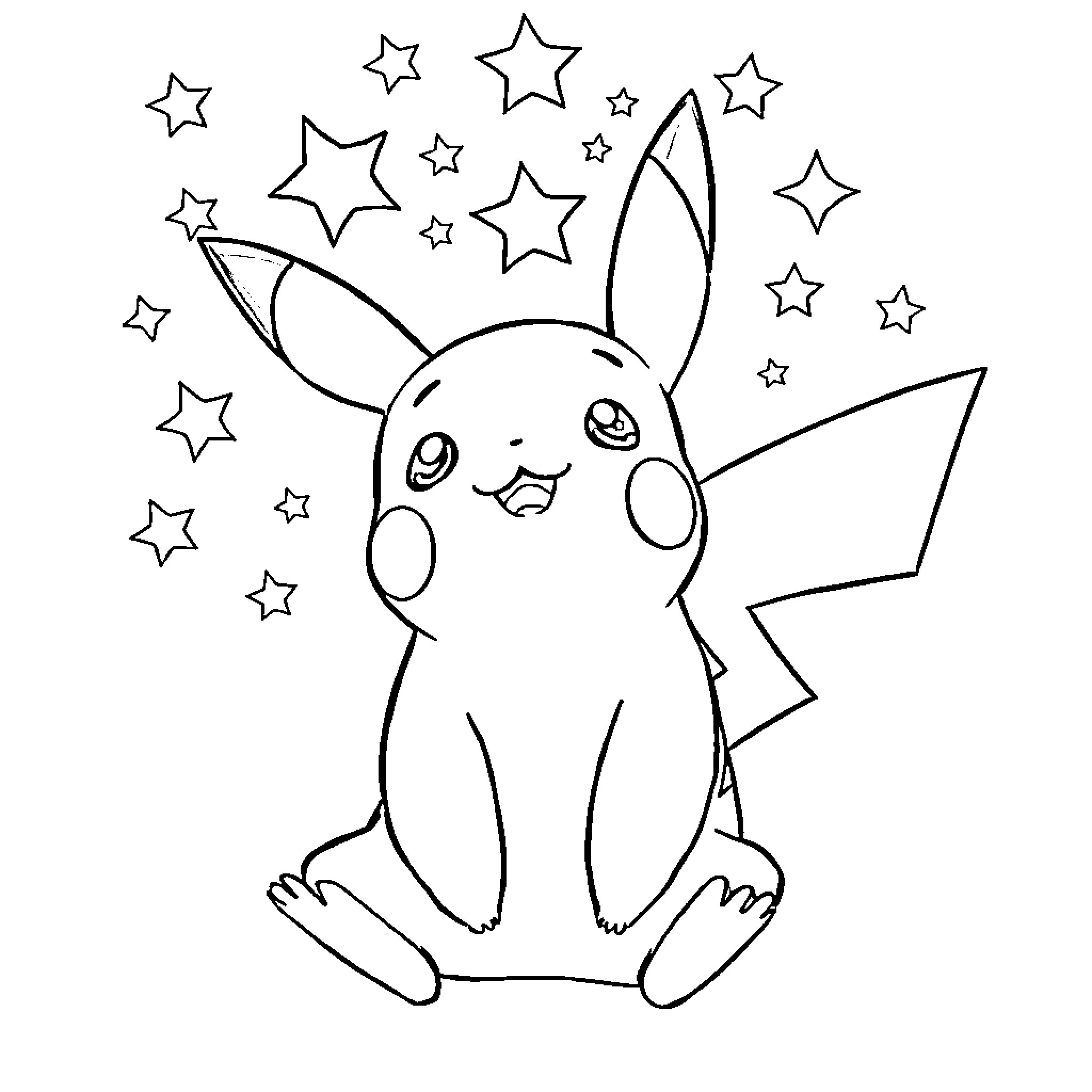 Pikachu surrounded by twinkling stars Coloring Page (free black-and-white line drawing printable PDF for all, from beginners to advanced learners, including children, teens, adults, and seniors)