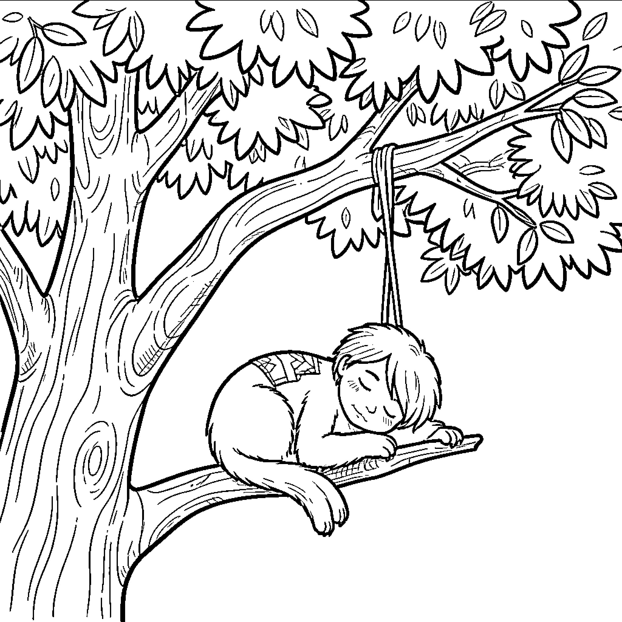 Perezoso child relaxing in the tree's embrace Coloring Page (free black-and-white line drawing printable PDF for all, from beginners to advanced learners, including children, teens, adults, and seniors)