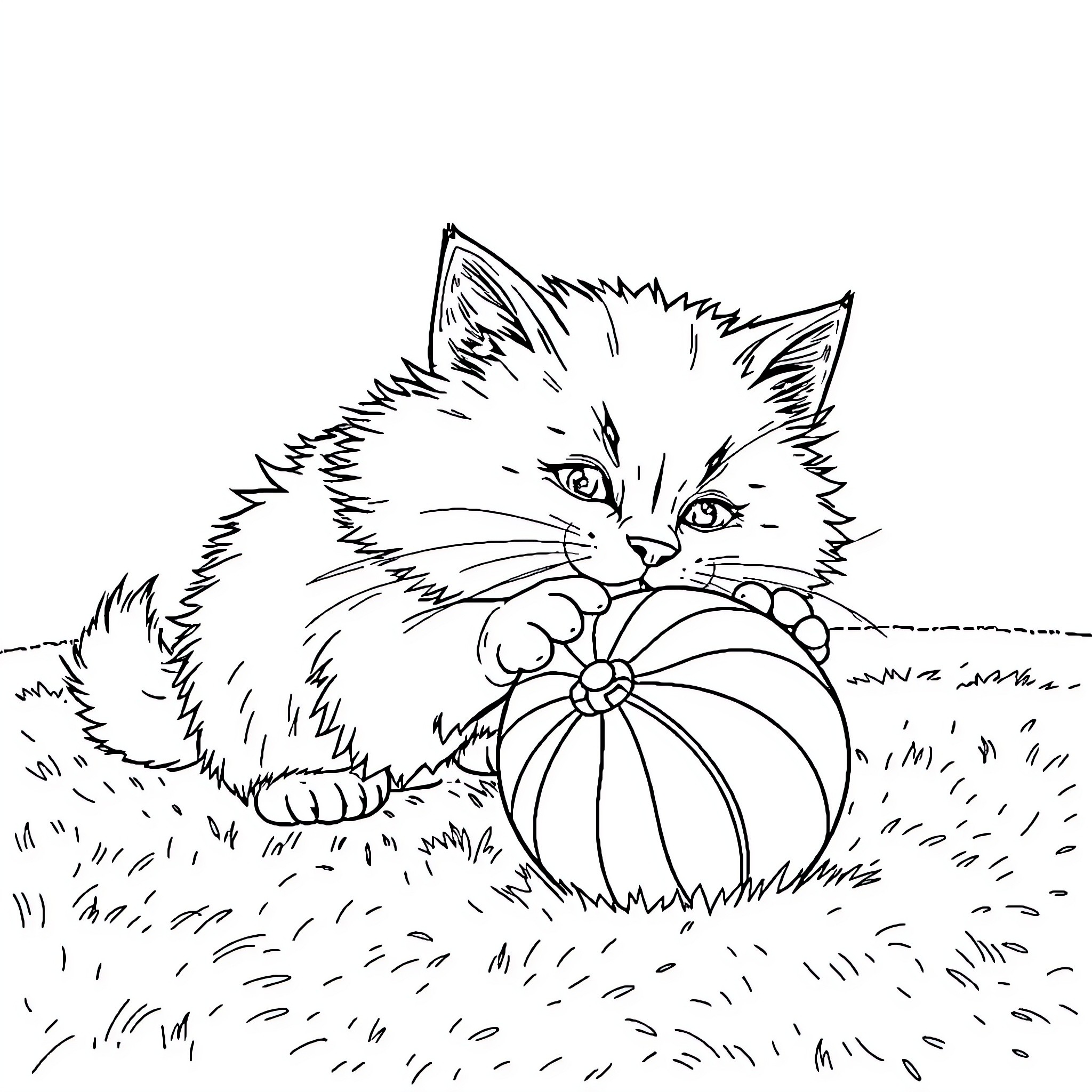 Cat playing with flower in the grass Coloring Page (free black-and-white line drawing printable PDF for all, from beginners to advanced learners, including children, teens, adults, and seniors)