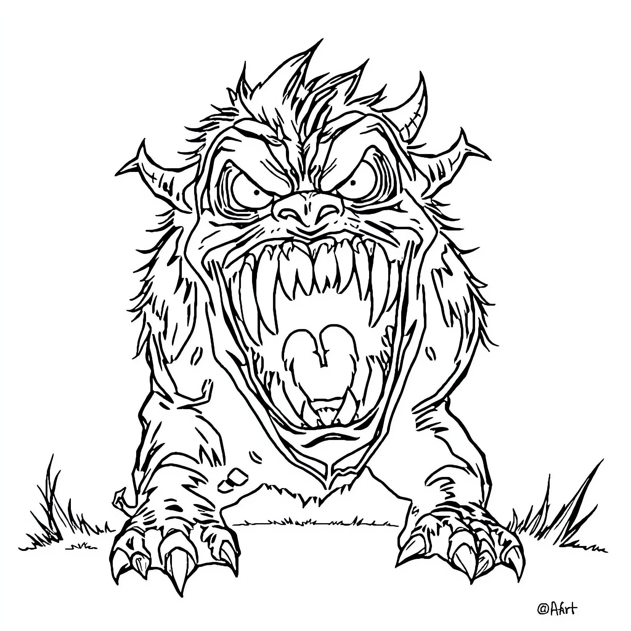 Monster Baring Ferocious Teeth and Claws Coloring Page (free black-and-white line drawing printable PDF for all, from beginners to advanced learners, including children, teens, adults, and seniors)