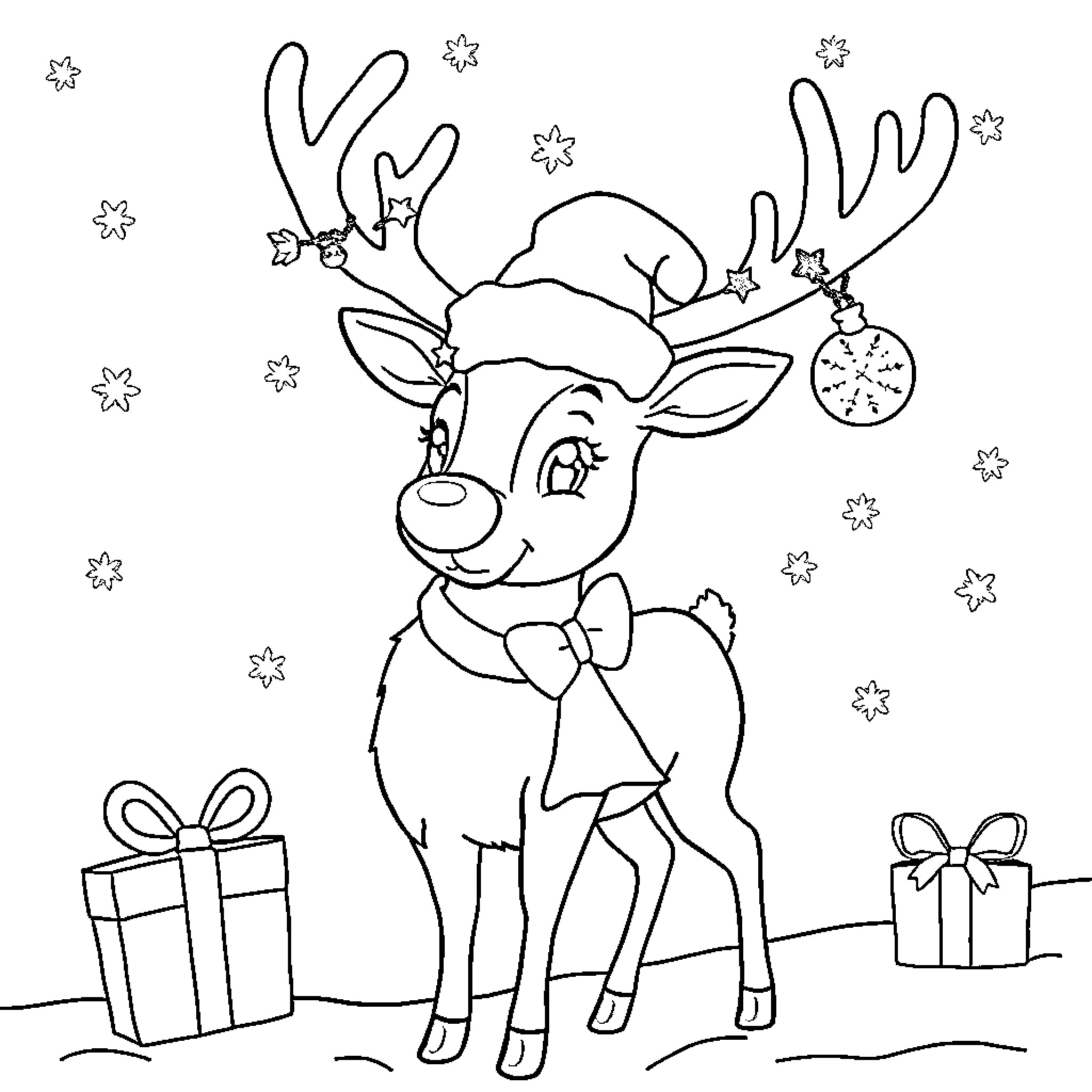 Reindeer celebrating with gifts and decorations Coloring Page (free black-and-white line drawing printable PDF for all, from beginners to advanced learners, including children, teens, adults, and seniors)