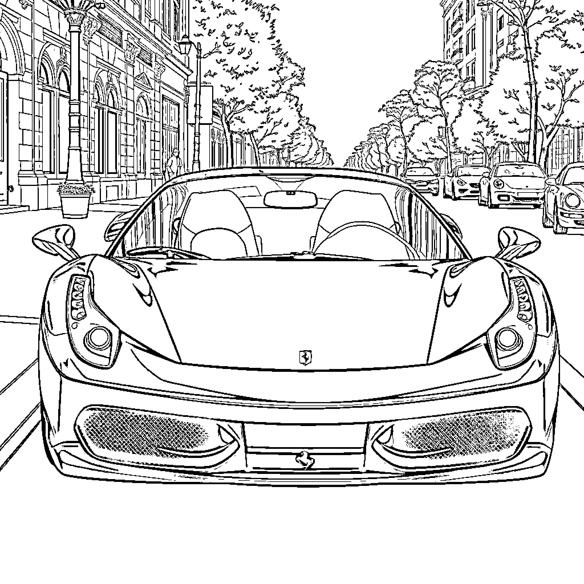 Ferrari sports car in city street scene Coloring Page (free black-and-white line drawing printable PDF for all, from beginners to advanced learners, including children, teens, adults, and seniors)