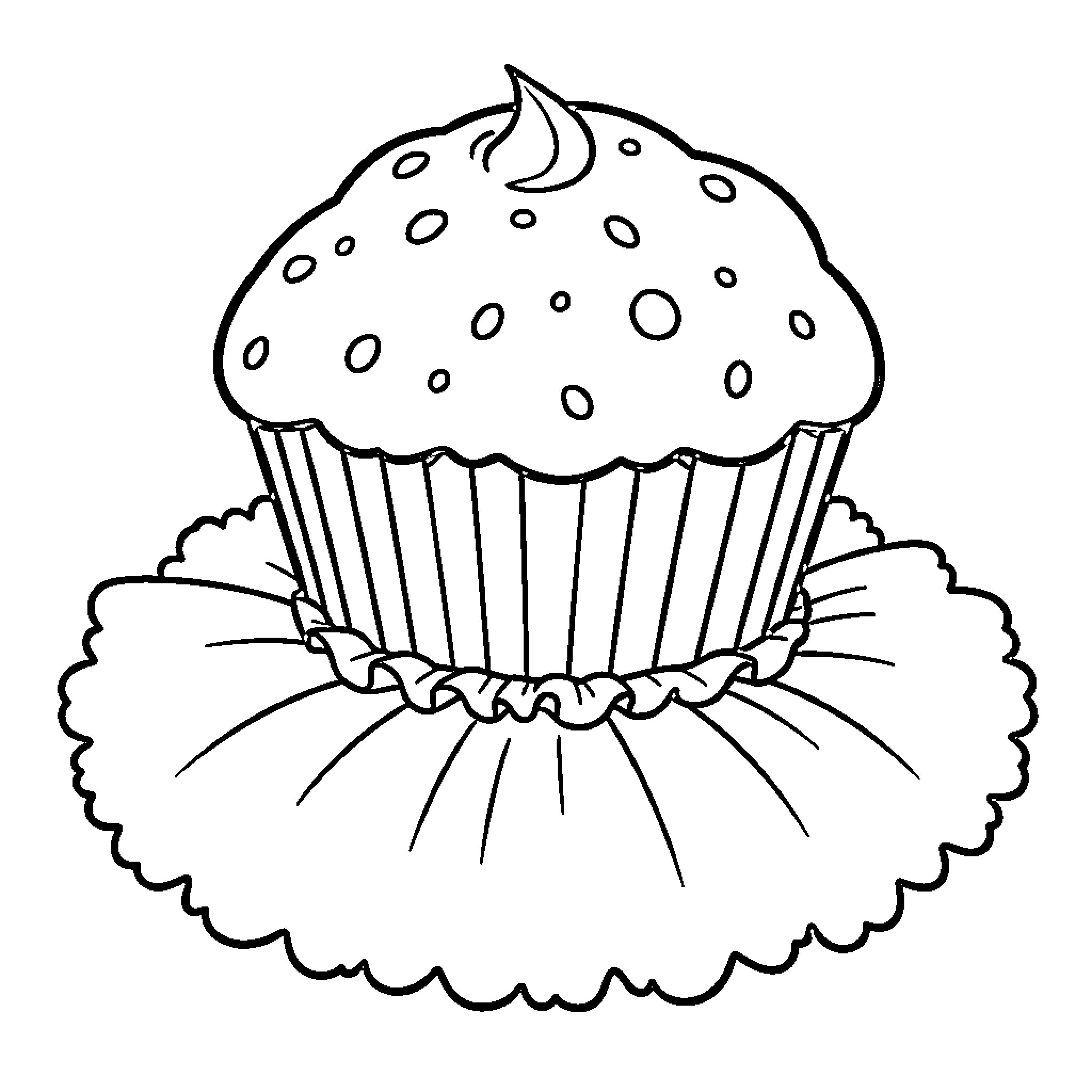 Muffin sitting on a ruffled decorative base Coloring Page (free black-and-white line drawing printable PDF for all, from beginners to advanced learners, including children, teens, adults, and seniors)