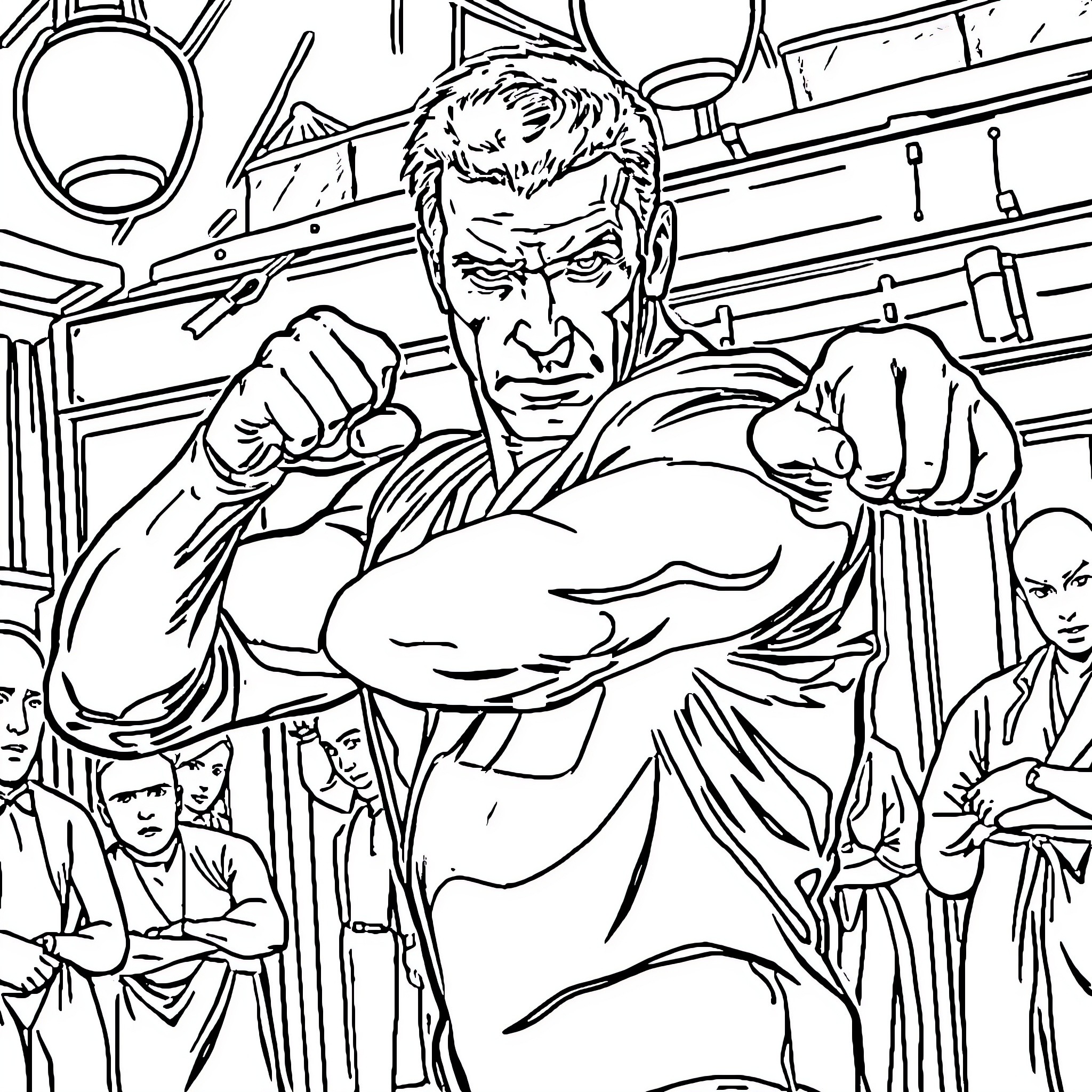 Jean-Claude Van Damme in Intense Action Scene Coloring Page (free black-and-white line drawing printable PDF for all, from beginners to advanced learners, including children, teens, adults, and seniors)