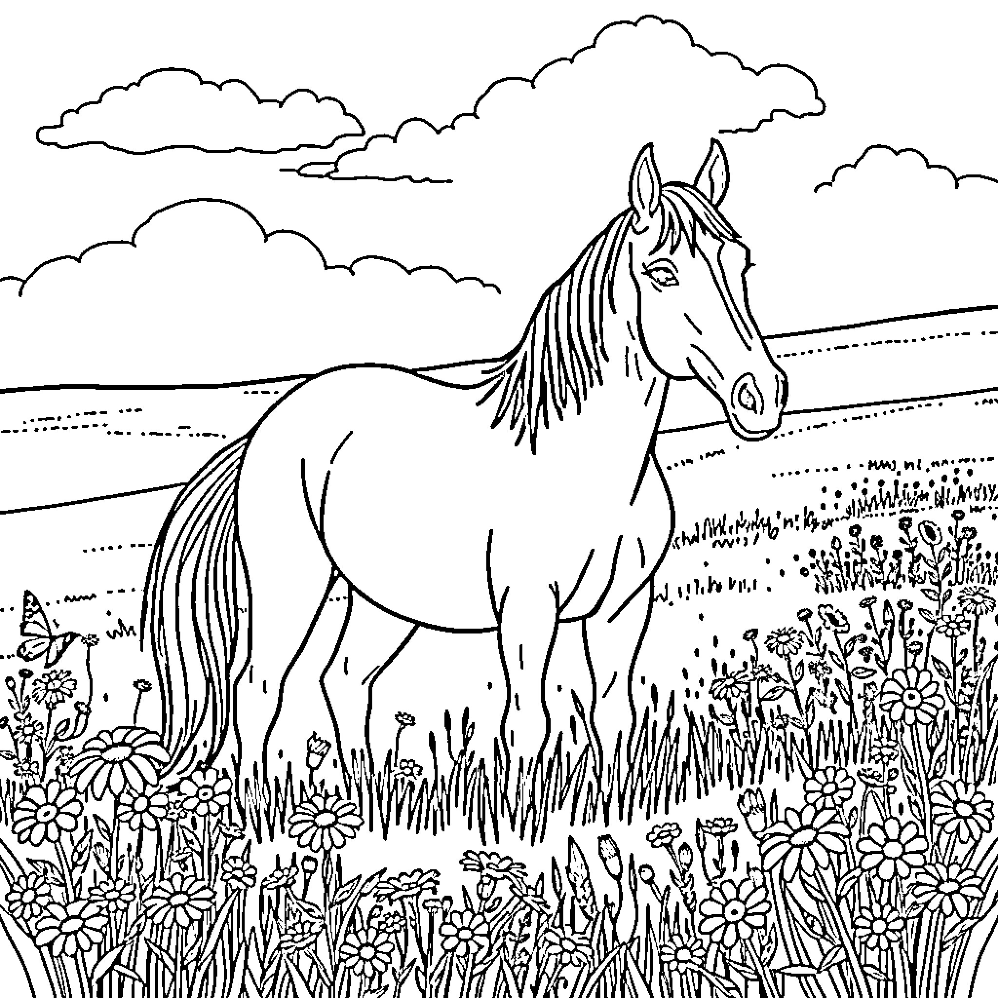 Horse standing in field of flowers Coloring Page (free black-and-white line drawing printable PDF for all, from beginners to advanced learners, including children, teens, adults, and seniors)