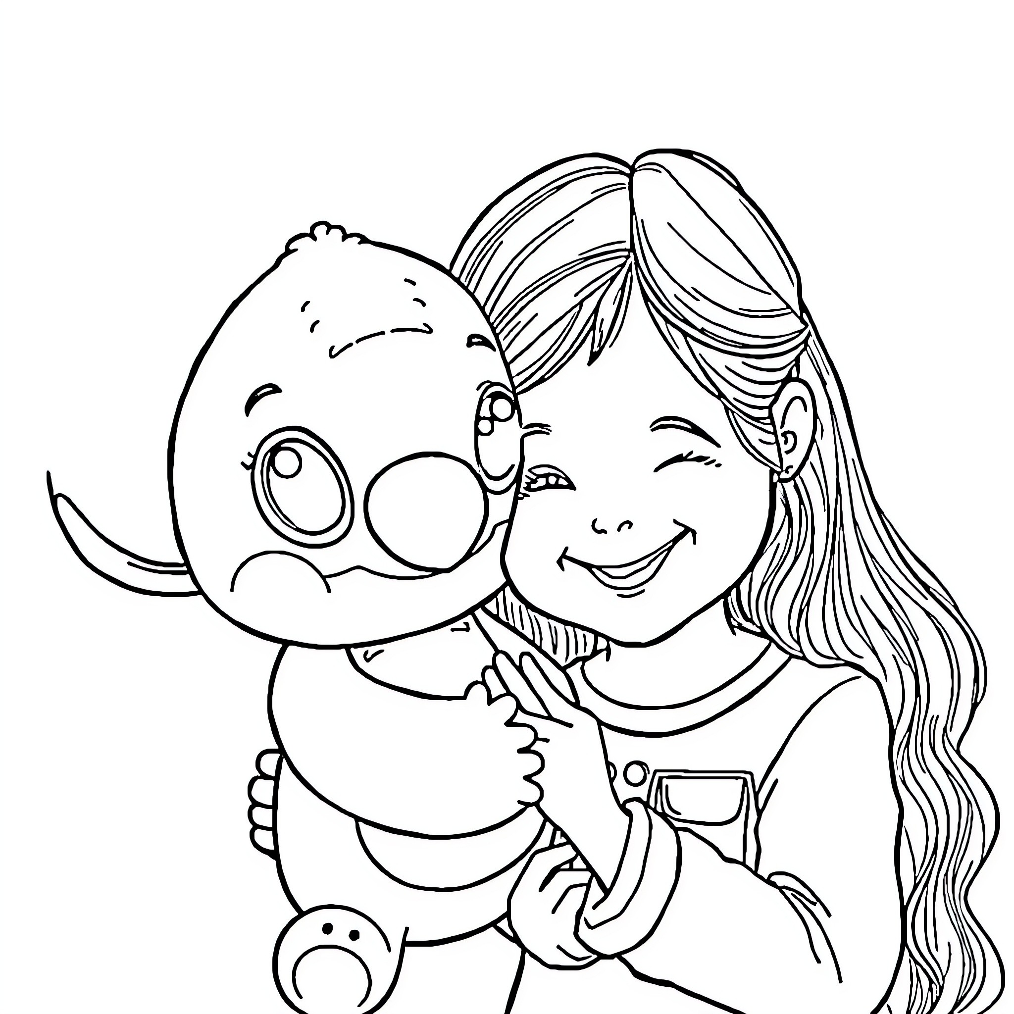 Labubu sharing a hug with a smiling girl Coloring Page (free black-and-white line drawing printable PDF for all, from beginners to advanced learners, including children, teens, adults, and seniors)