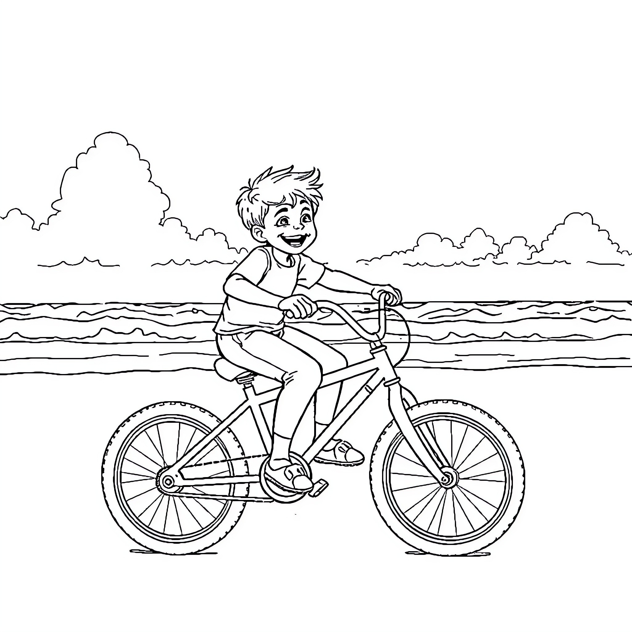 Child riding bicycle on beach Coloring Page (free black-and-white line drawing printable PDF for all, from beginners to advanced learners, including children, teens, adults, and seniors)