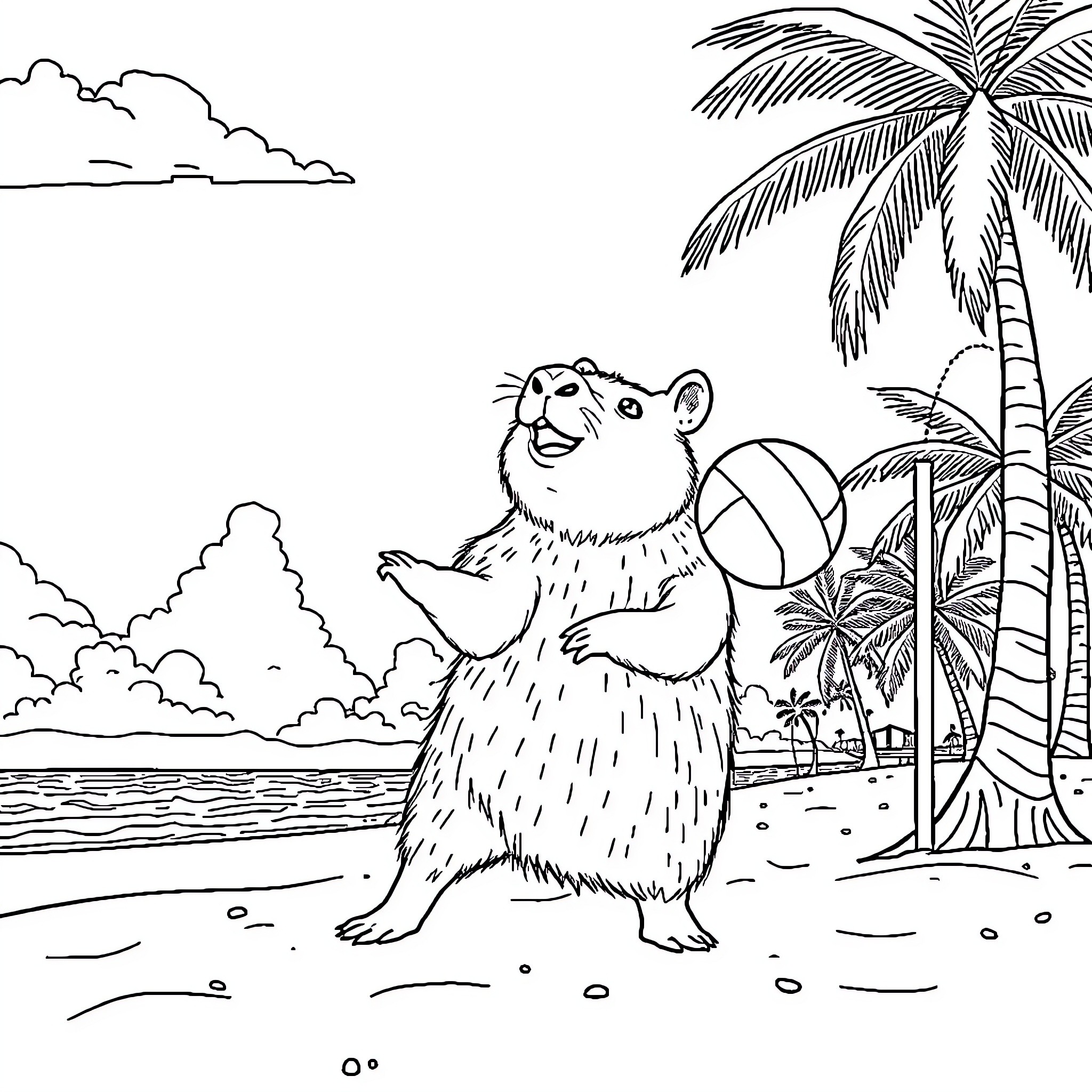 Capybara playing with beach ball on tropical beach Coloring Page (free black-and-white line drawing printable PDF for all, from beginners to advanced learners, including children, teens, adults, and seniors)
