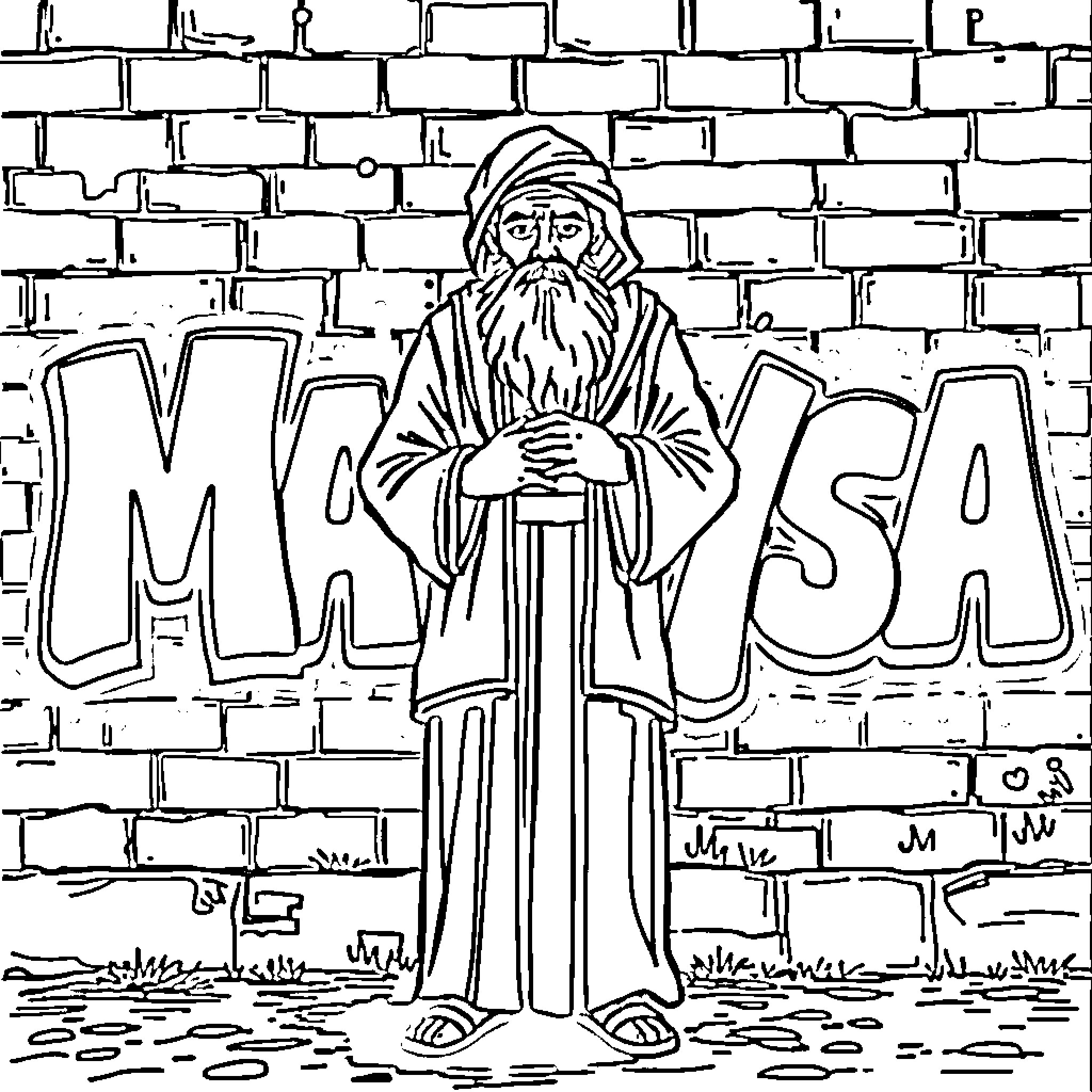 Rumi the Mystic Standing Before a Wall Coloring Page (free black-and-white line drawing printable PDF for all, from beginners to advanced learners, including children, teens, adults, and seniors)
