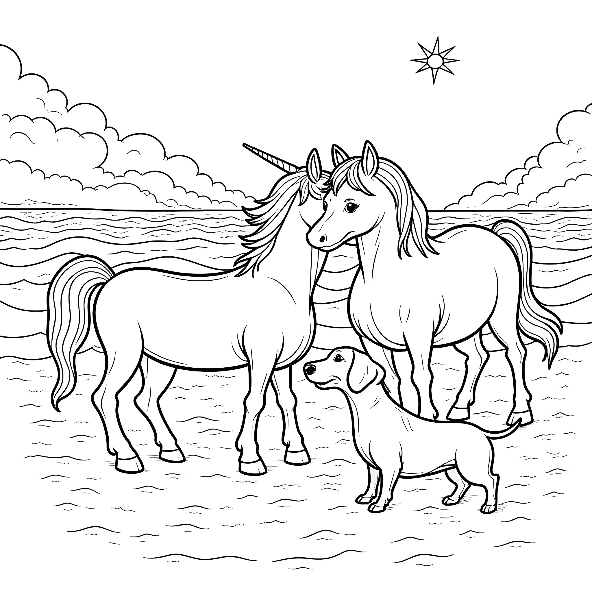 Unicorn and Dog at the Beach Coloring Page (free black-and-white line drawing printable PDF for all, from beginners to advanced learners, including children, teens, adults, and seniors)
