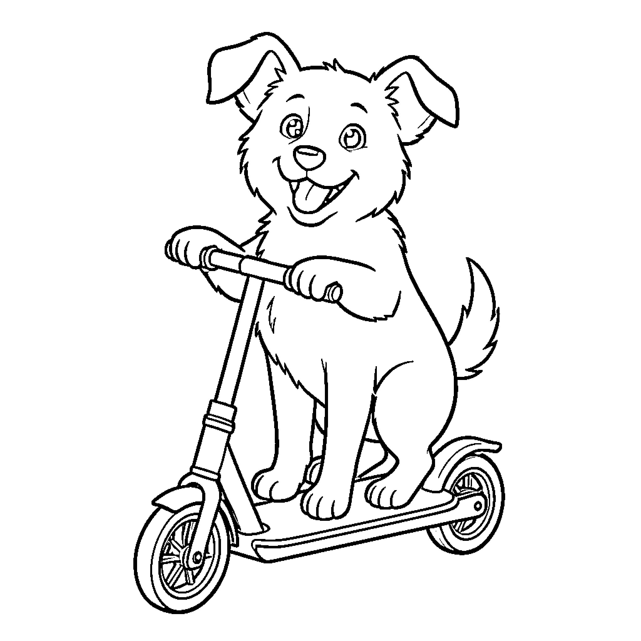Dog riding a scooter happily Coloring Page (free black-and-white line drawing printable PDF for all, from beginners to advanced learners, including children, teens, adults, and seniors)