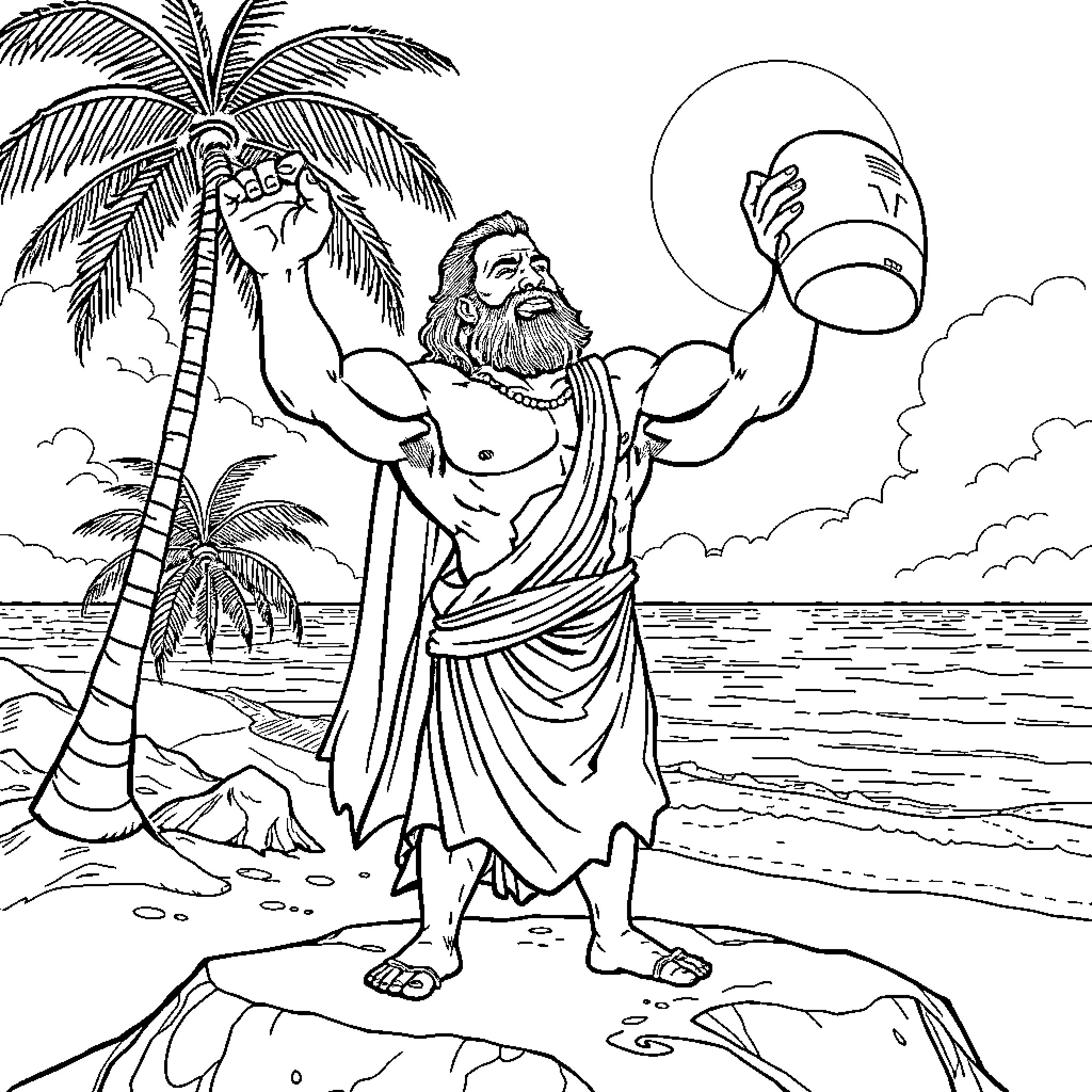 Aesop's Triumphant Celebration by the Sea Coloring Page (free black-and-white line drawing printable PDF for all, from beginners to advanced learners, including children, teens, adults, and seniors)