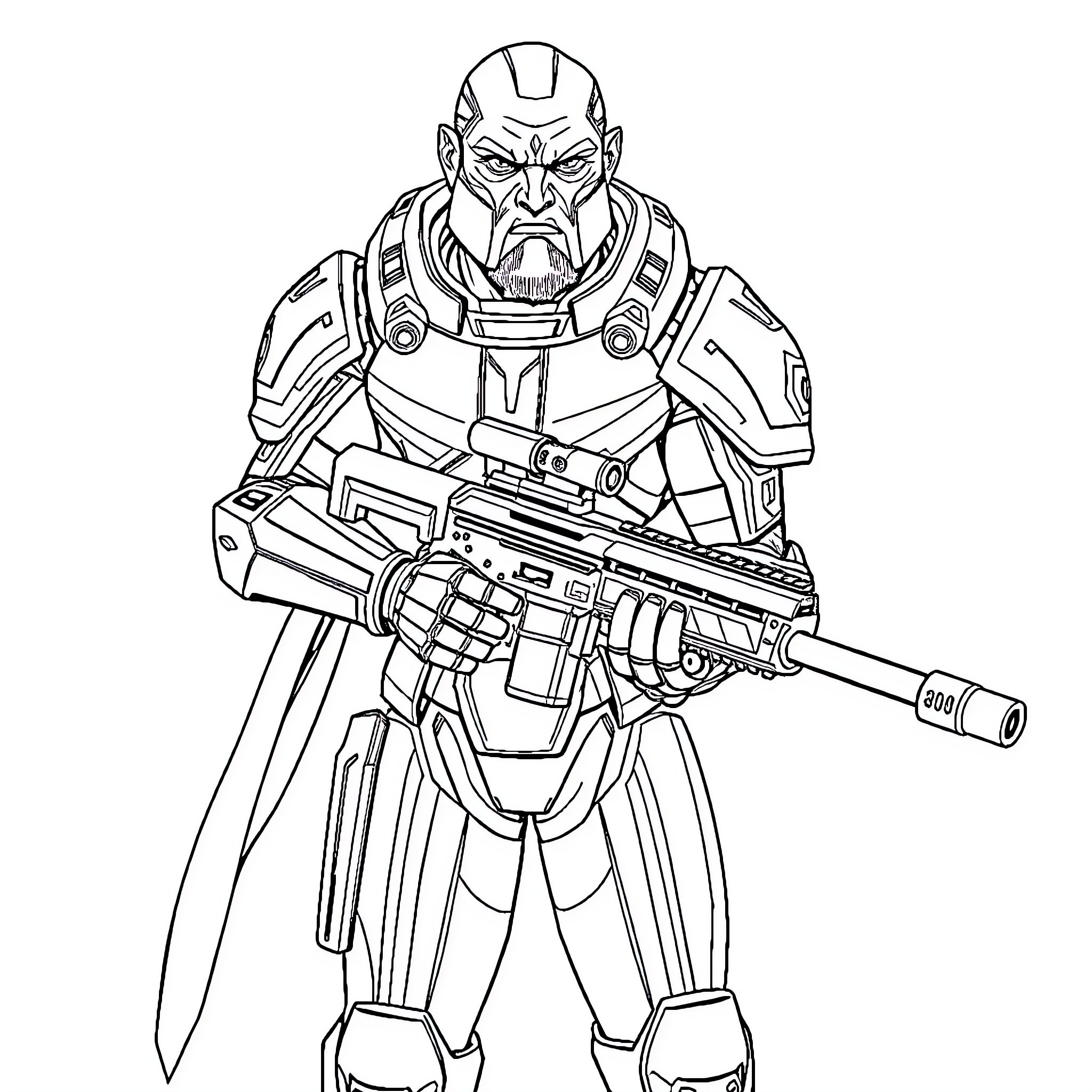 Garrus in Futuristic Battle Gear Wielding Weapon Coloring Page (free black-and-white line drawing printable PDF for all, from beginners to advanced learners, including children, teens, adults, and seniors)