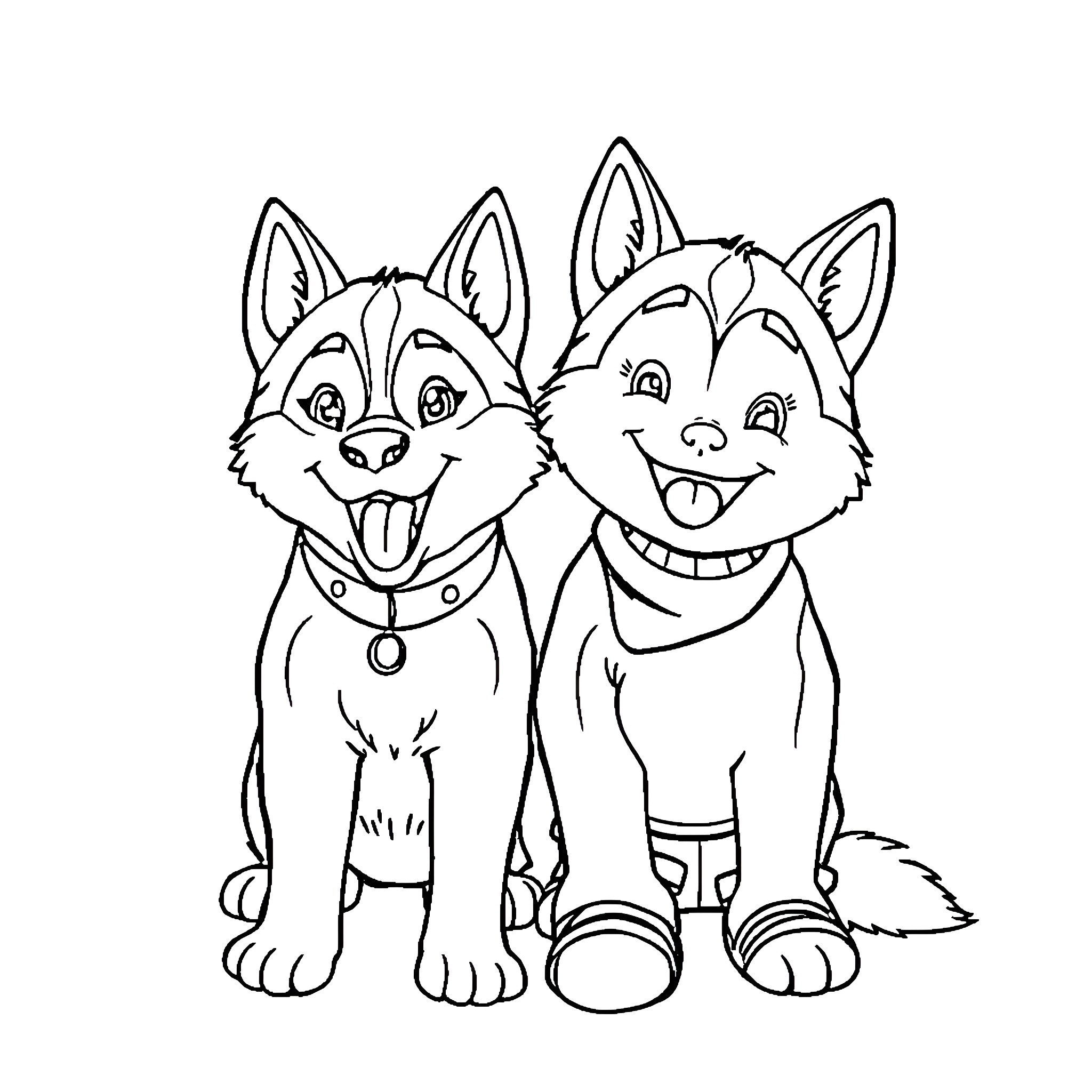 Husky puppies playing together cheerfully Coloring Page (free black-and-white line drawing printable PDF for all, from beginners to advanced learners, including children, teens, adults, and seniors)