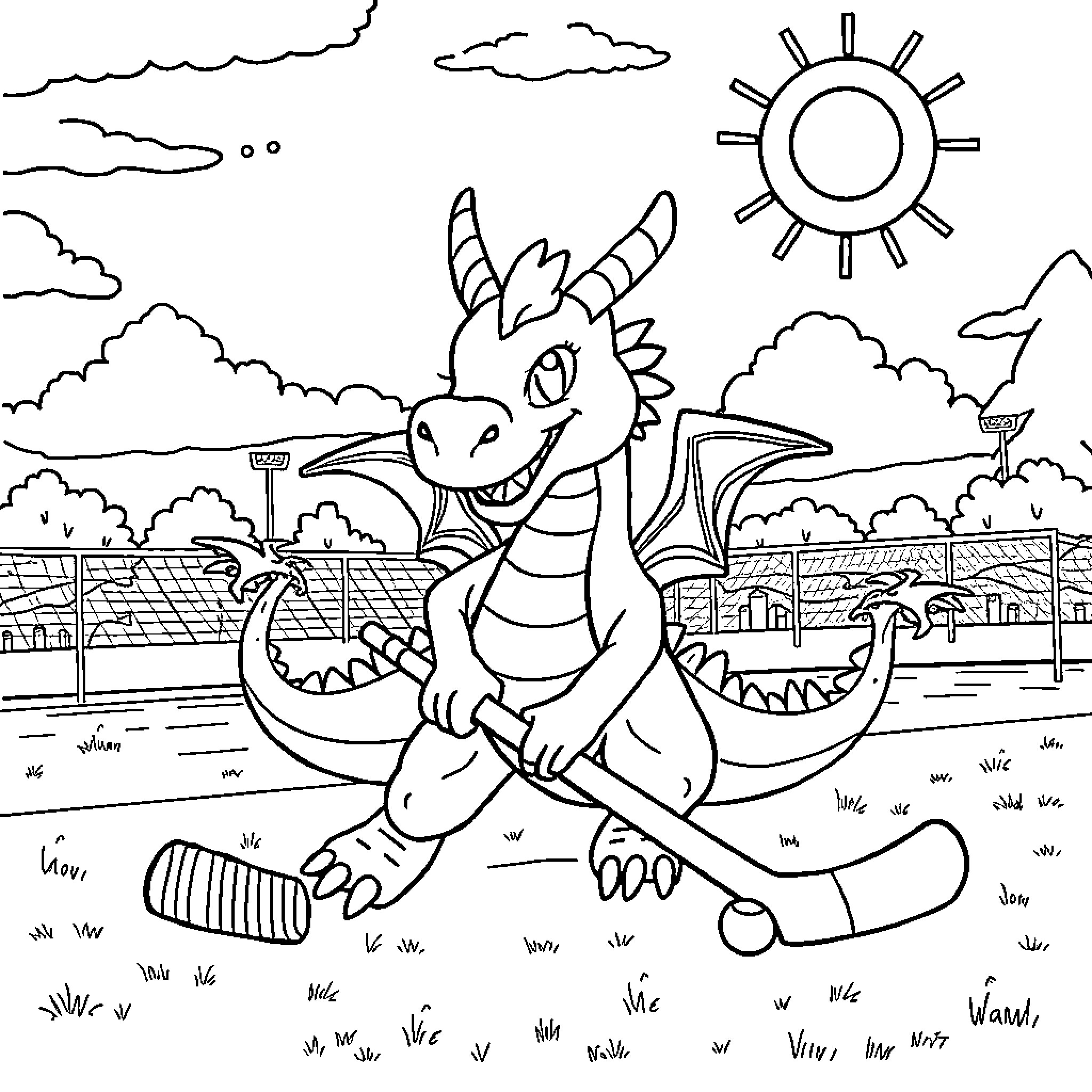 Dragon character playing in the park Coloring Page (free black-and-white line drawing printable PDF for all, from beginners to advanced learners, including children, teens, adults, and seniors)
