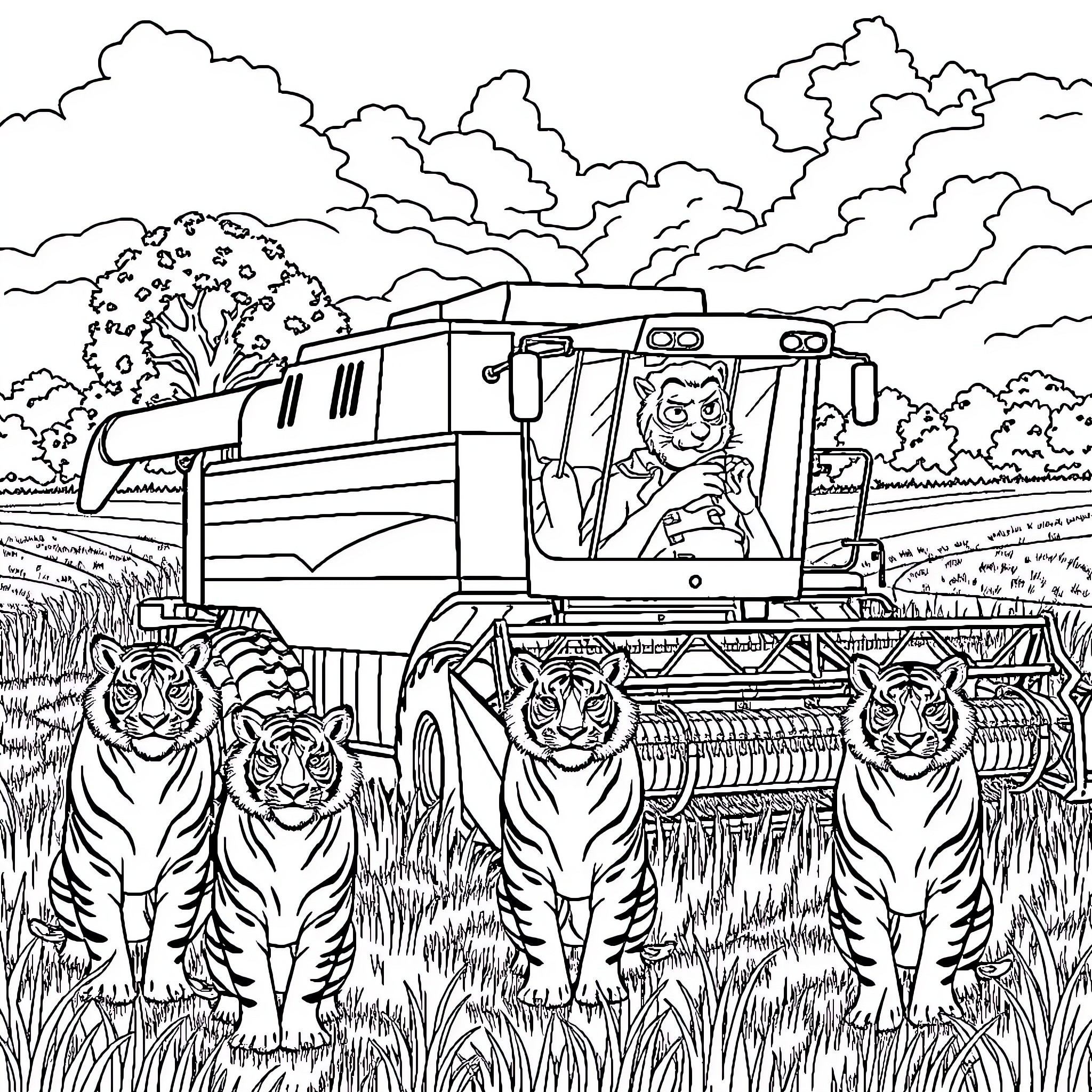 Combine Safari Adventure in Cloudy Landscape Coloring Page (free black-and-white line drawing printable PDF for all, from beginners to advanced learners, including children, teens, adults, and seniors)