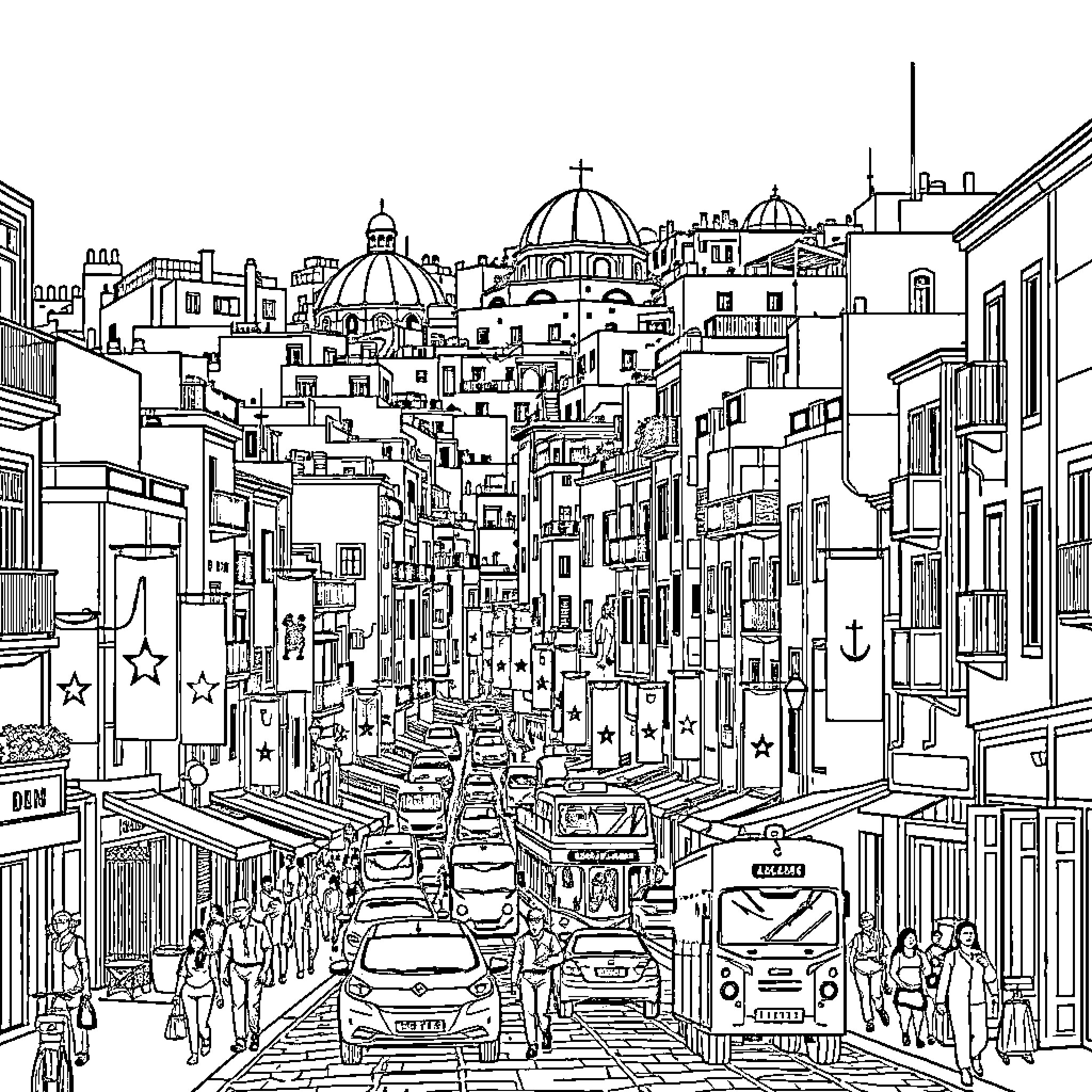 Alger: Bustling Cityscape with Architectural Marvels Coloring Page (free black-and-white line drawing printable PDF for all, from beginners to advanced learners, including children, teens, adults, and seniors)