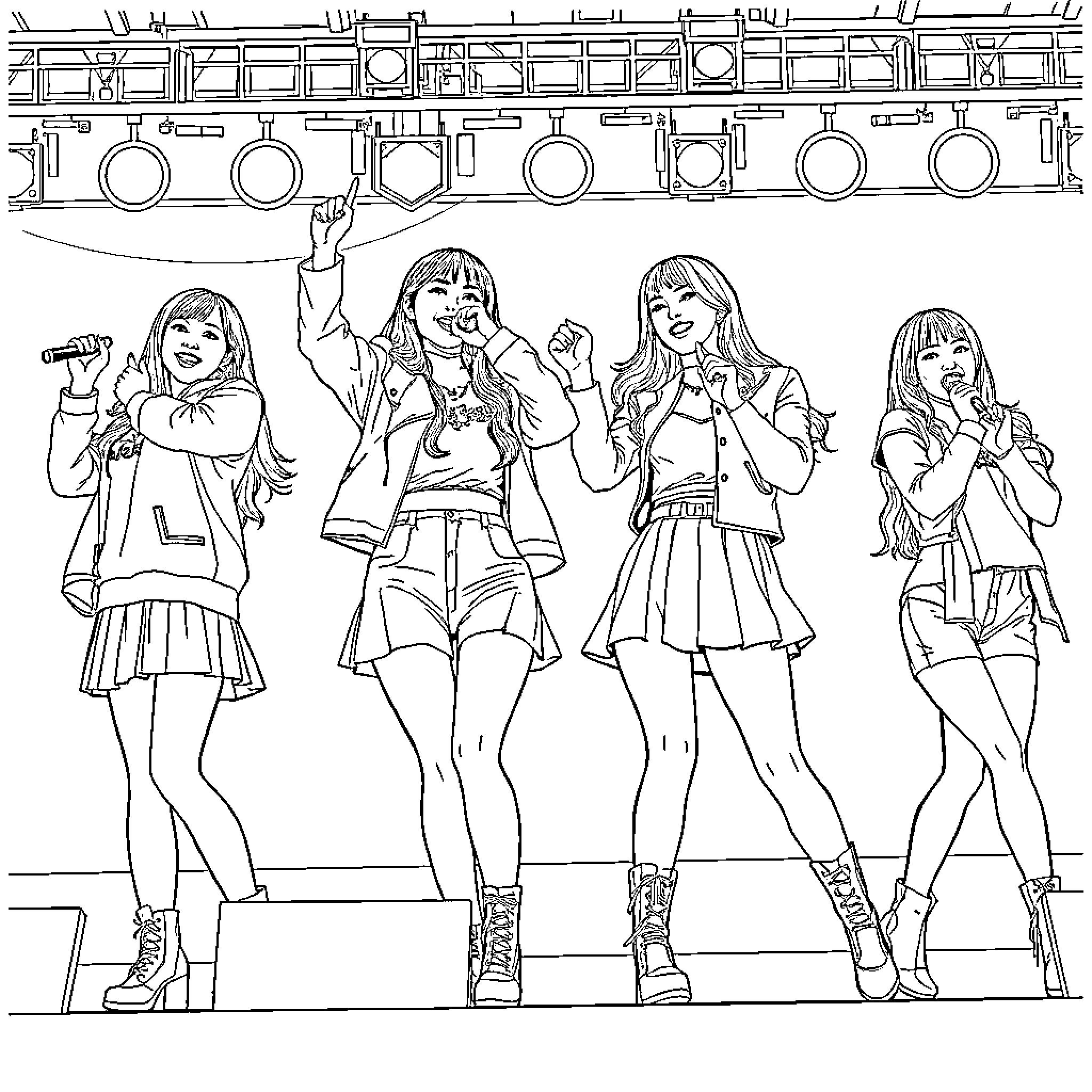 Twice Performing with Energy and Enthusiasm Coloring Page (free black-and-white line drawing printable PDF for all, from beginners to advanced learners, including children, teens, adults, and seniors)