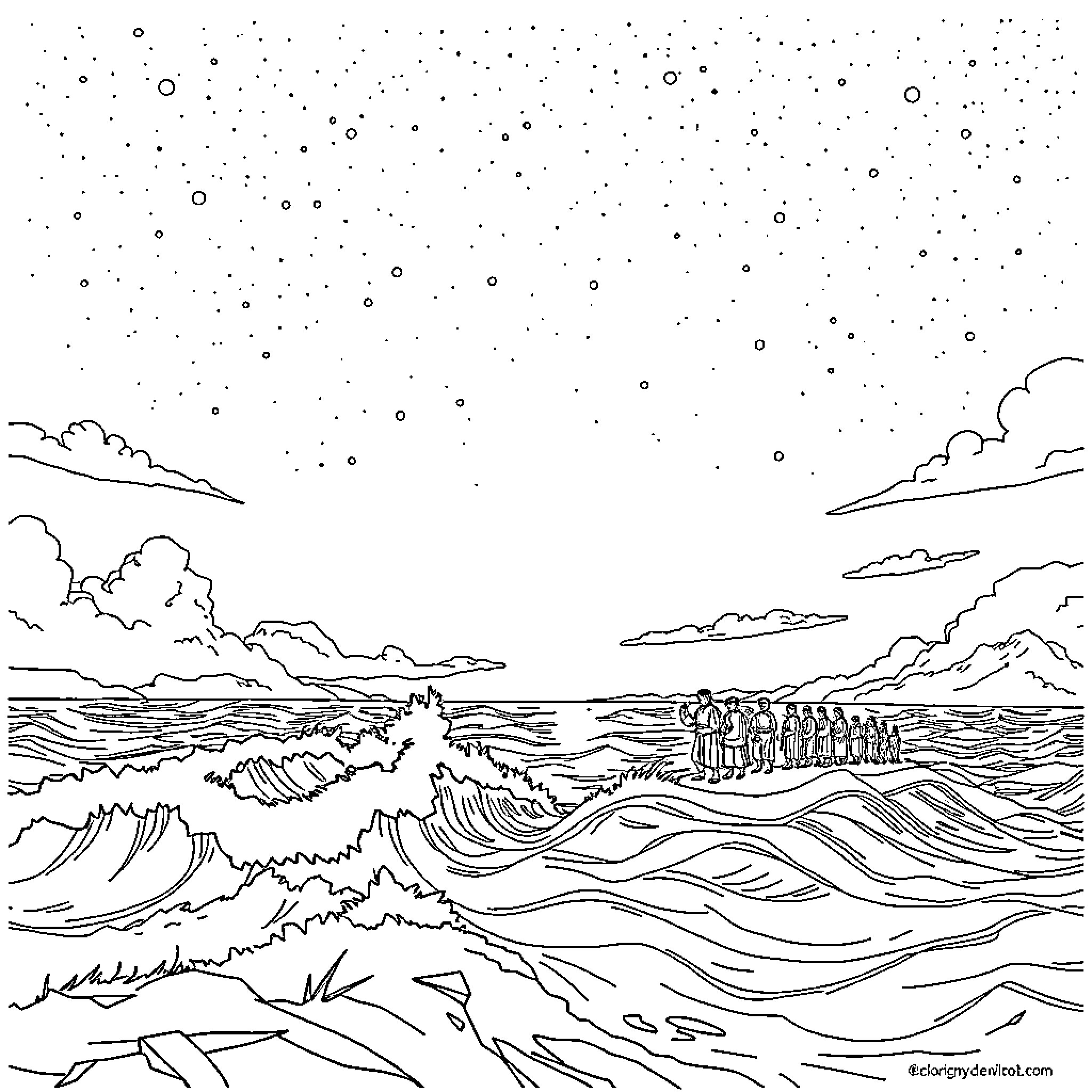 Moses Leads Israelites through Stormy Seas Coloring Page (free black-and-white line drawing printable PDF for all, from beginners to advanced learners, including children, teens, adults, and seniors)