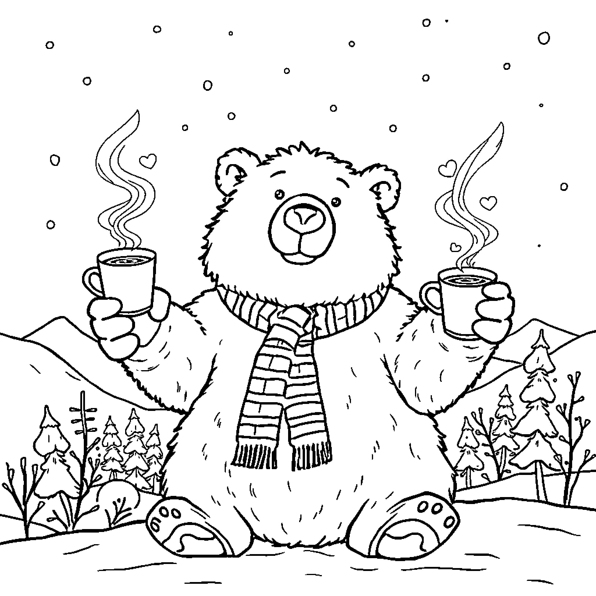 Polar Bear Enjoying Hot Beverages in Snowy Landscape Coloring Page (free black-and-white line drawing printable PDF for all, from beginners to advanced learners, including children, teens, adults, and seniors)