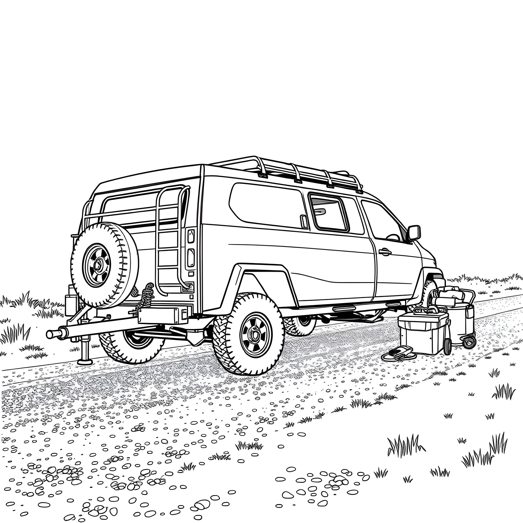 Car Trailer Parked on Rugged Terrain Coloring Page (free black-and-white line drawing printable PDF for all, from beginners to advanced learners, including children, teens, adults, and seniors)