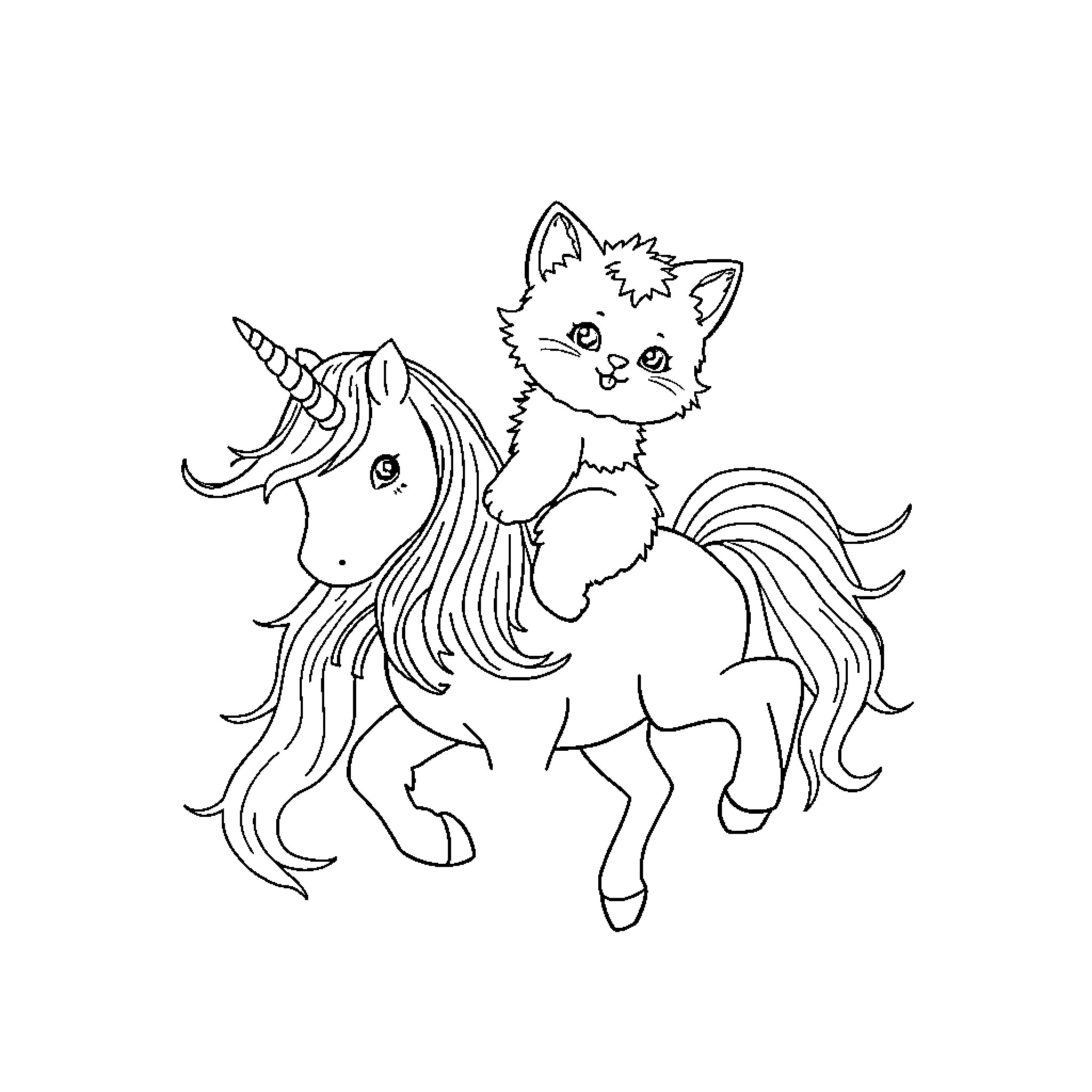Kitten riding on a magical unicorn Coloring Page (free black-and-white line drawing printable PDF for all, from beginners to advanced learners, including children, teens, adults, and seniors)