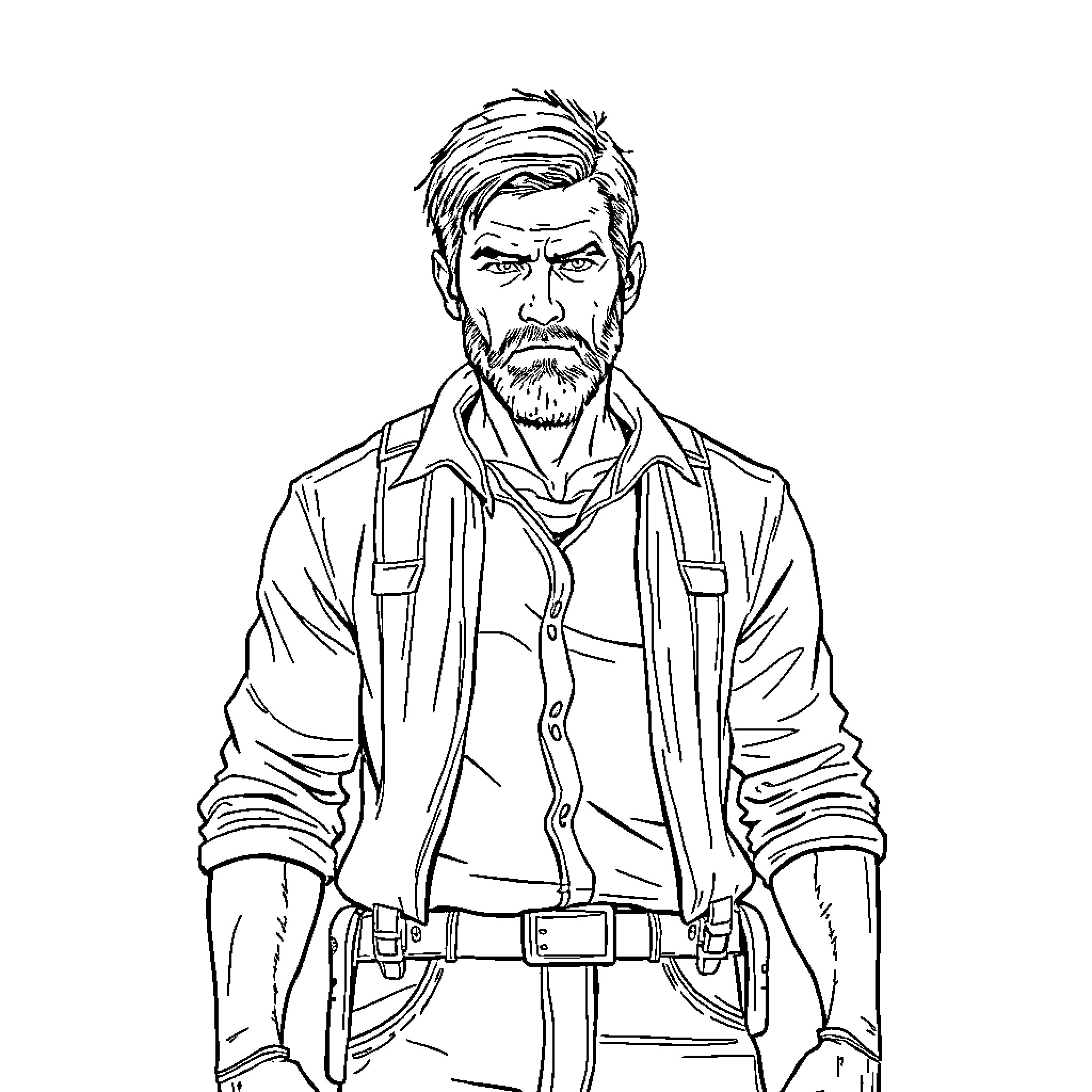 Joel Miller in a Serious Outdoor Adventure Coloring Page (free black-and-white line drawing printable PDF for all, from beginners to advanced learners, including children, teens, adults, and seniors)