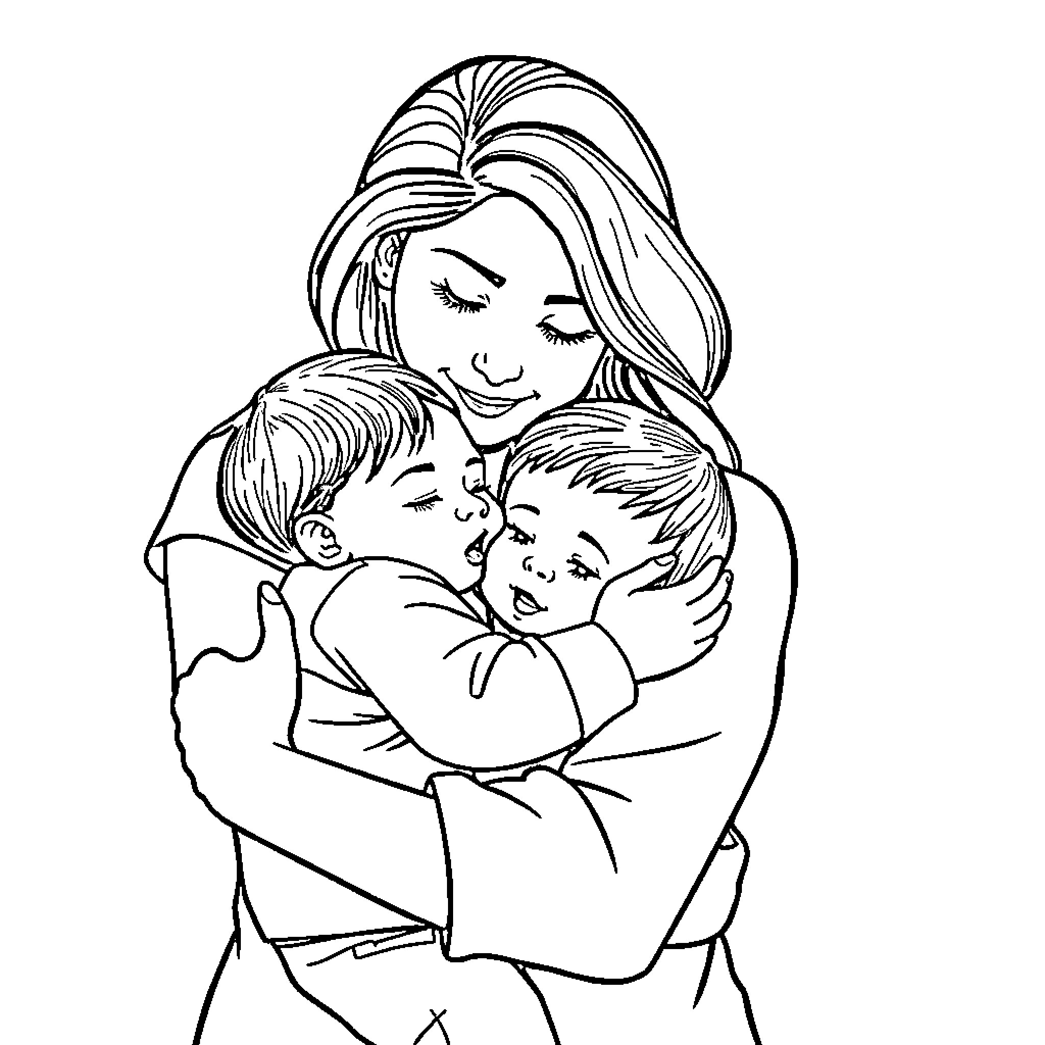 Mummy Embracing Her Children Affectionately Coloring Page (free black-and-white line drawing printable PDF for all, from beginners to advanced learners, including children, teens, adults, and seniors)