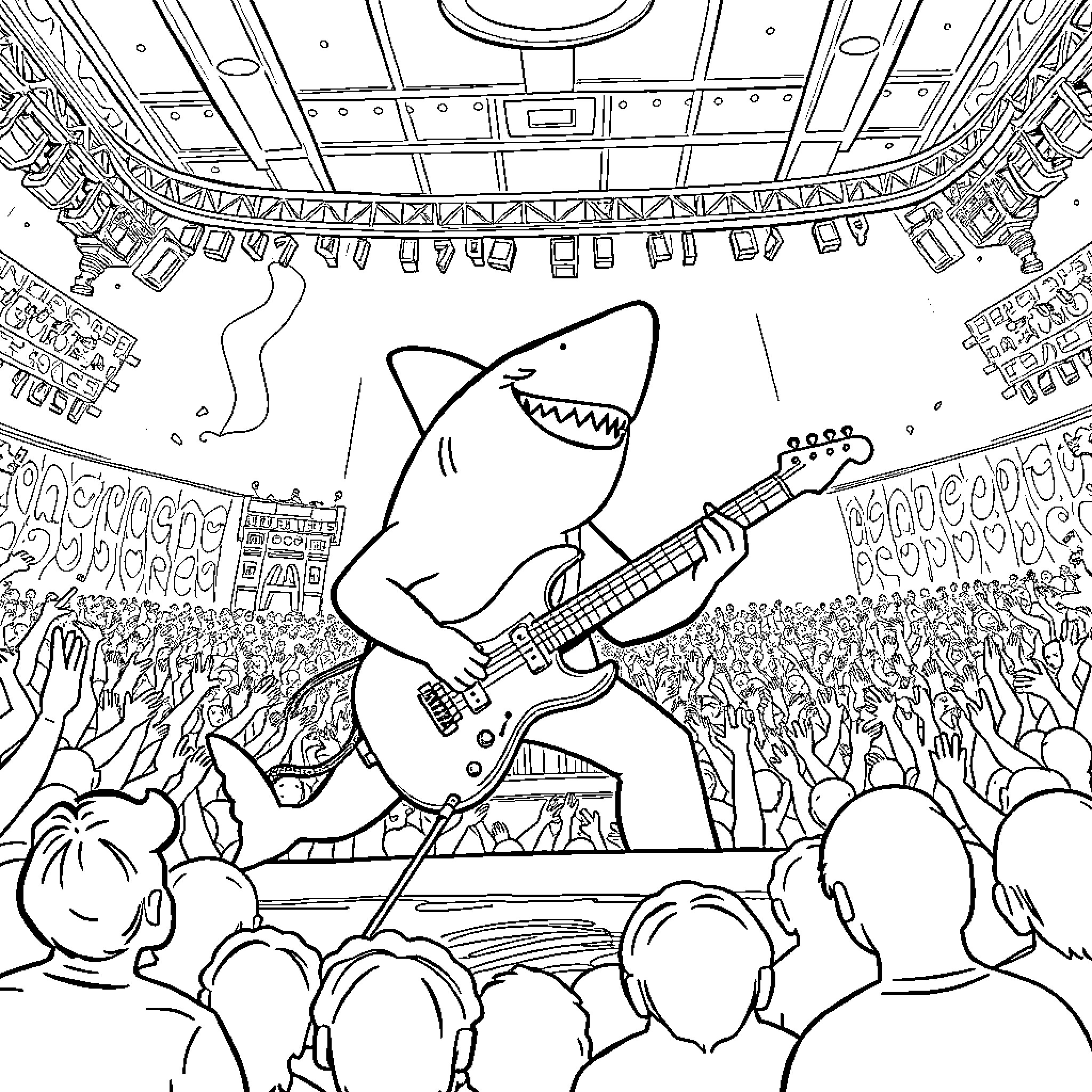 Shark Rocking Out on Stage with Adoring Crowd Coloring Page (free black-and-white line drawing printable PDF for all, from beginners to advanced learners, including children, teens, adults, and seniors)