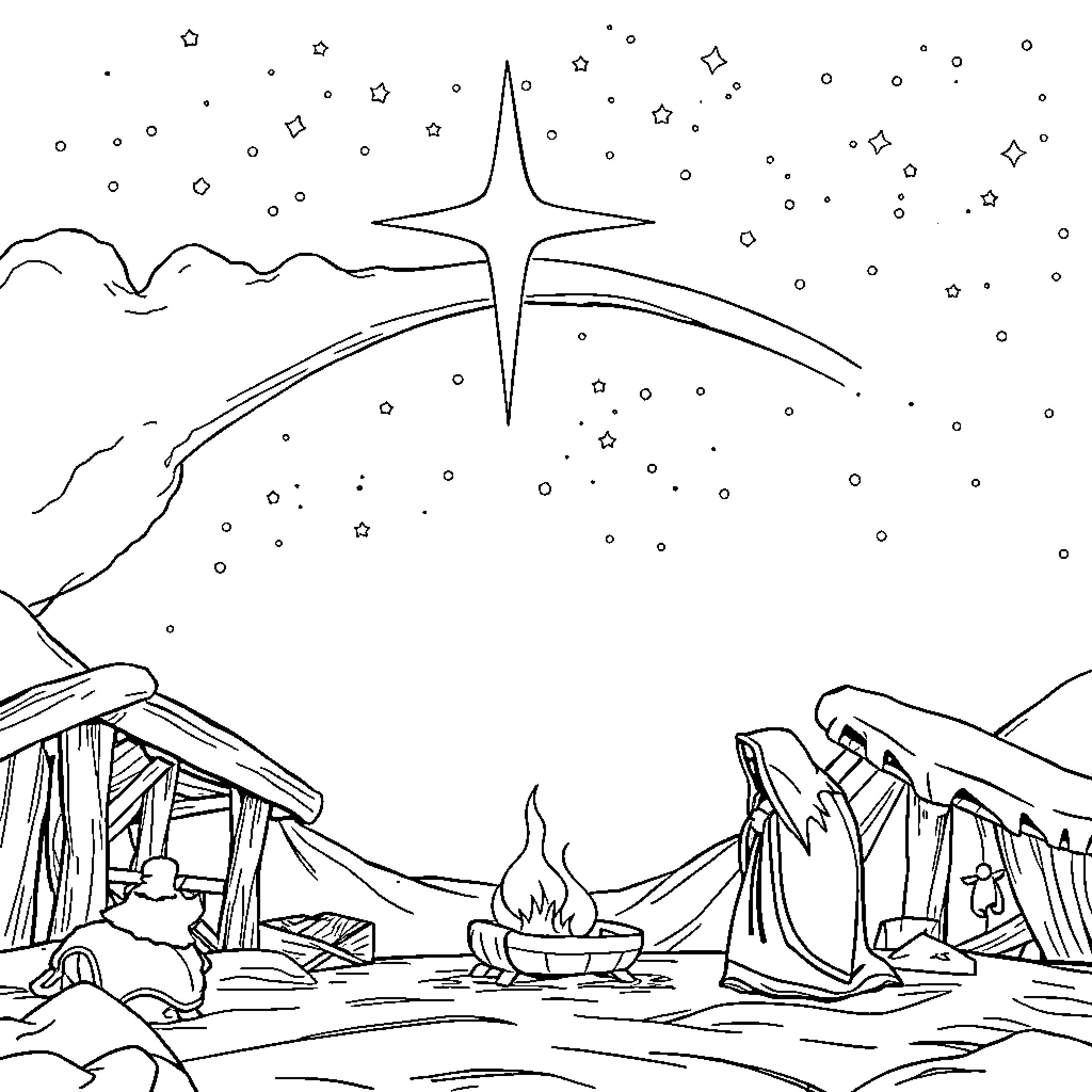 Noah's serene starlit desert campsite Coloring Page (free black-and-white line drawing printable PDF for all, from beginners to advanced learners, including children, teens, adults, and seniors)