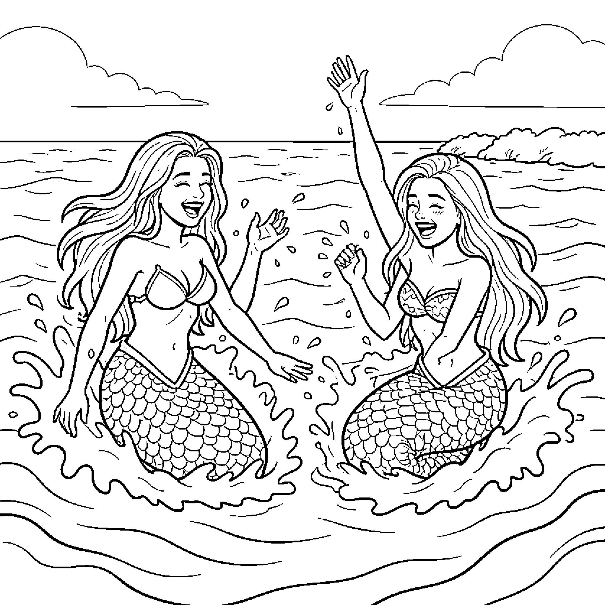 Mermaid friends frolicking in the ocean Coloring Page (free black-and-white line drawing printable PDF for all, from beginners to advanced learners, including children, teens, adults, and seniors)
