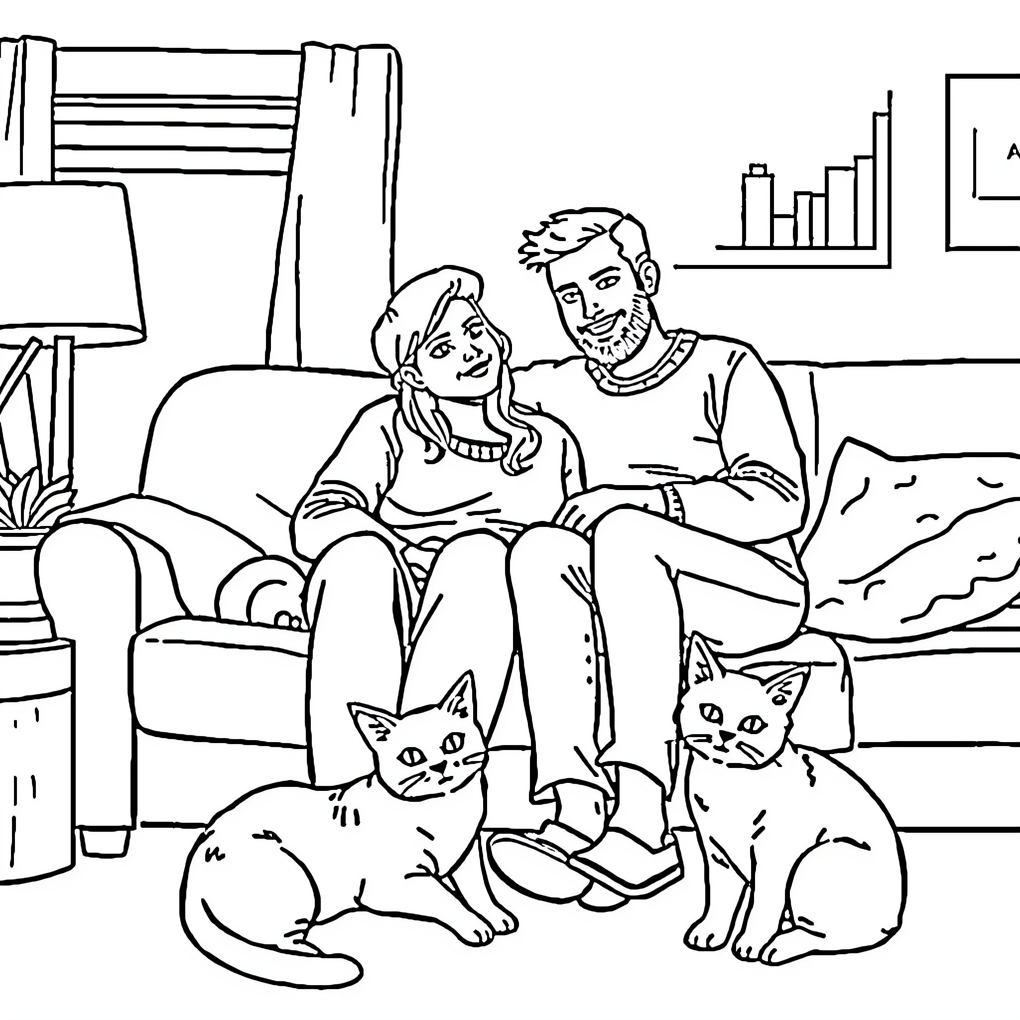 Couple relaxing with cats on the couch Coloring Page (free black-and-white line drawing printable PDF for all, from beginners to advanced learners, including children, teens, adults, and seniors)