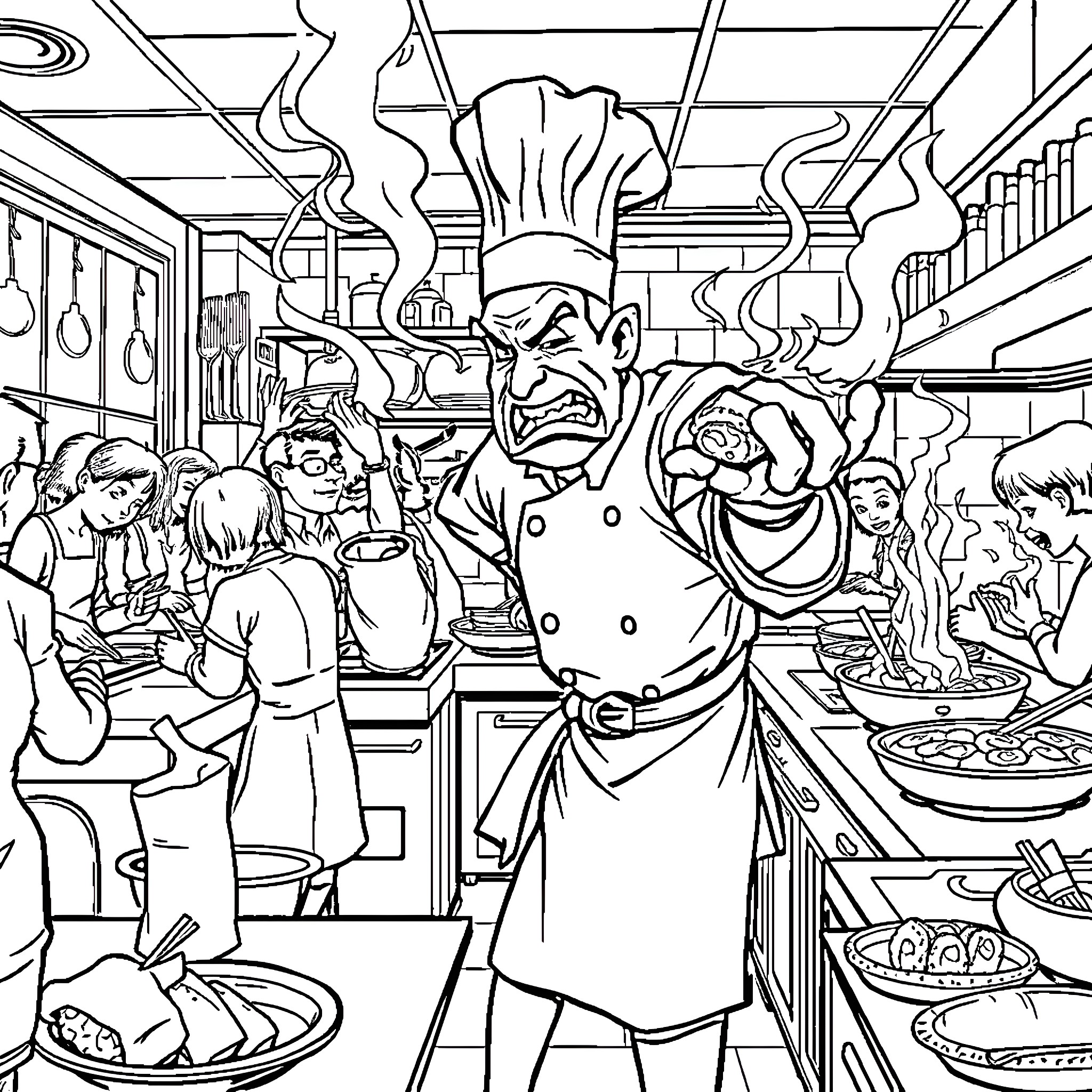 Chef Commanding a Busy Kitchen with Intense Expressions Coloring Page (free black-and-white line drawing printable PDF for all, from beginners to advanced learners, including children, teens, adults, and seniors)