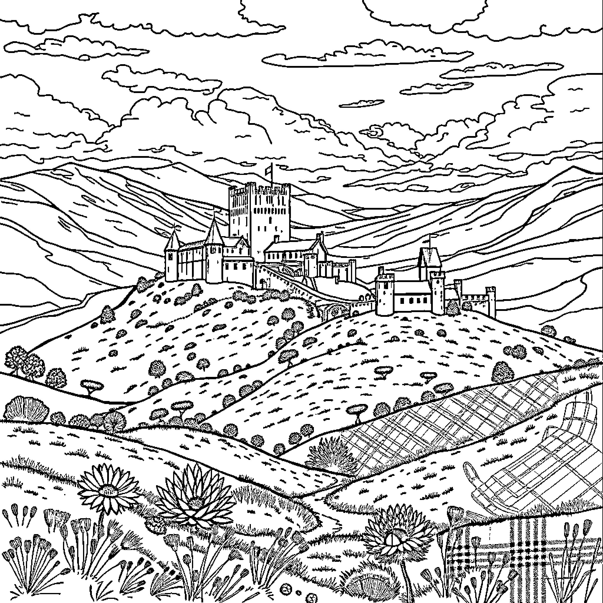Outlander: Enchanted Castle Amid Majestic Landscapes Coloring Page (free black-and-white line drawing printable PDF for all, from beginners to advanced learners, including children, teens, adults, and seniors)