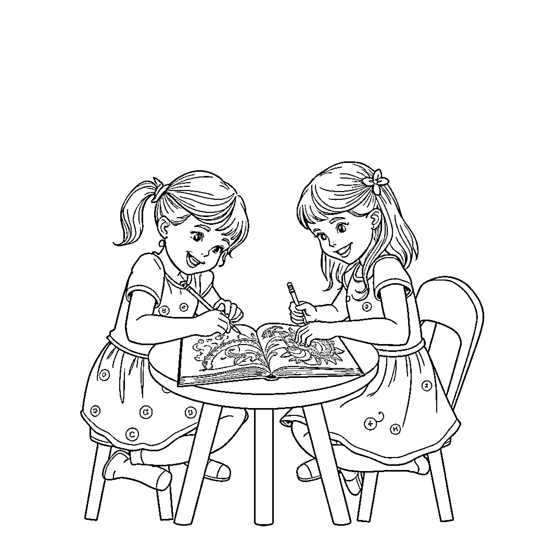 Girls coloring and drawing at a table Coloring Page (free black-and-white line drawing printable PDF for all, from beginners to advanced learners, including children, teens, adults, and seniors)