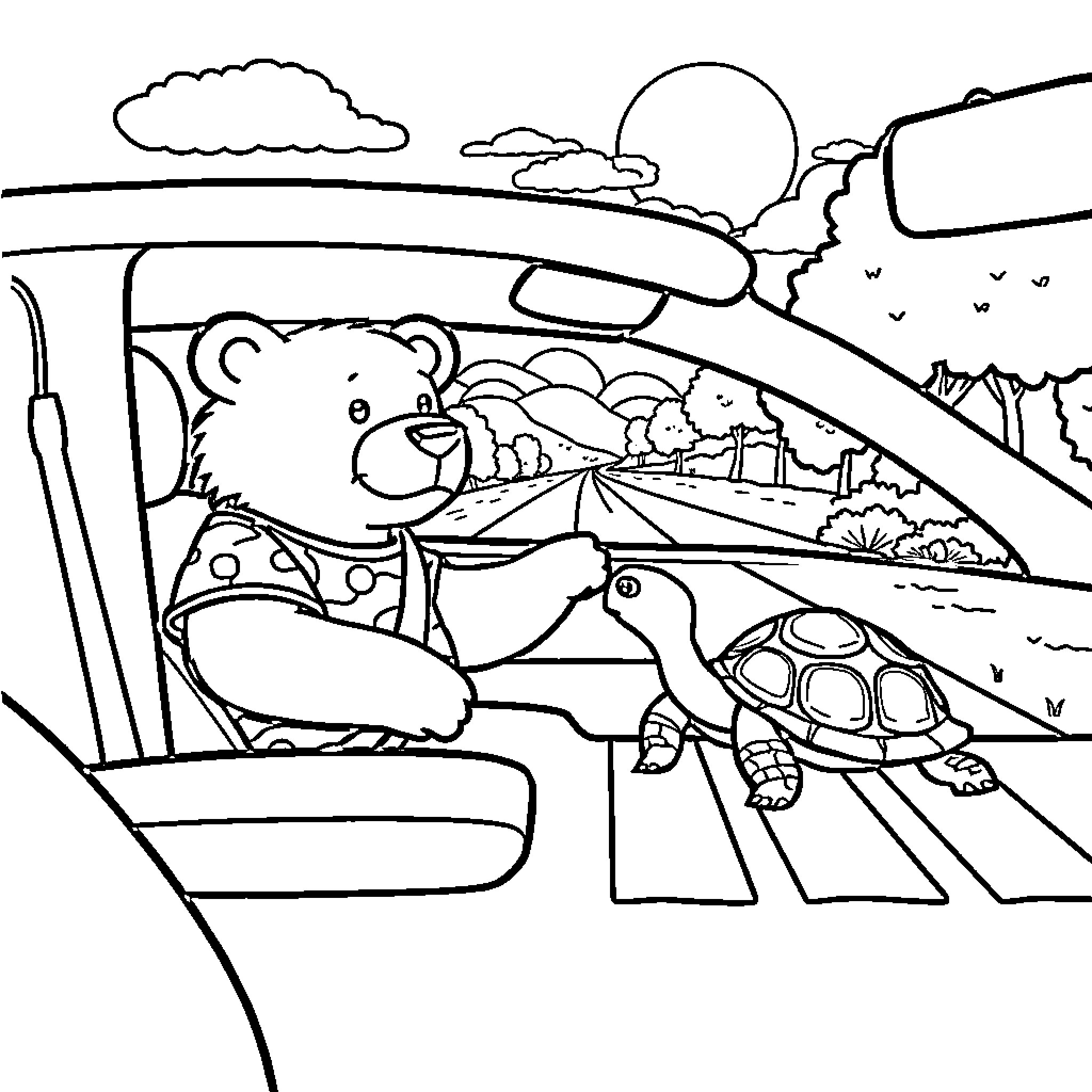 Bear riding in car with turtle on the road Coloring Page (free black-and-white line drawing printable PDF for all, from beginners to advanced learners, including children, teens, adults, and seniors)