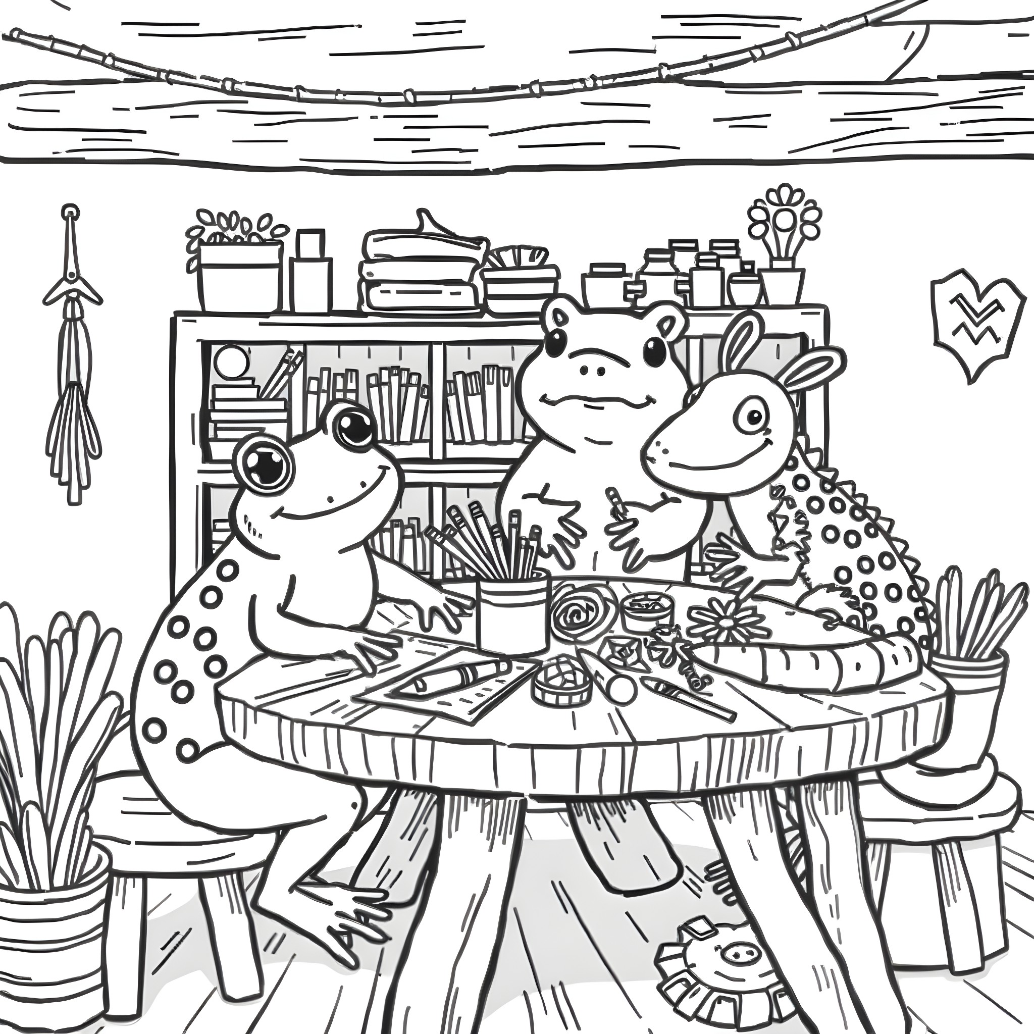 Frog friends enjoying a cozy craft time together Coloring Page (free black-and-white line drawing printable PDF for all, from beginners to advanced learners, including children, teens, adults, and seniors)
