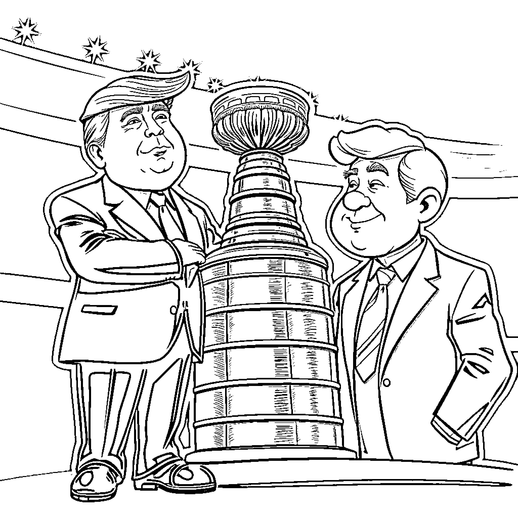 Trump Celebrates Hockey Victory with Trophy Coloring Page (free black-and-white line drawing printable PDF for all, from beginners to advanced learners, including children, teens, adults, and seniors)
